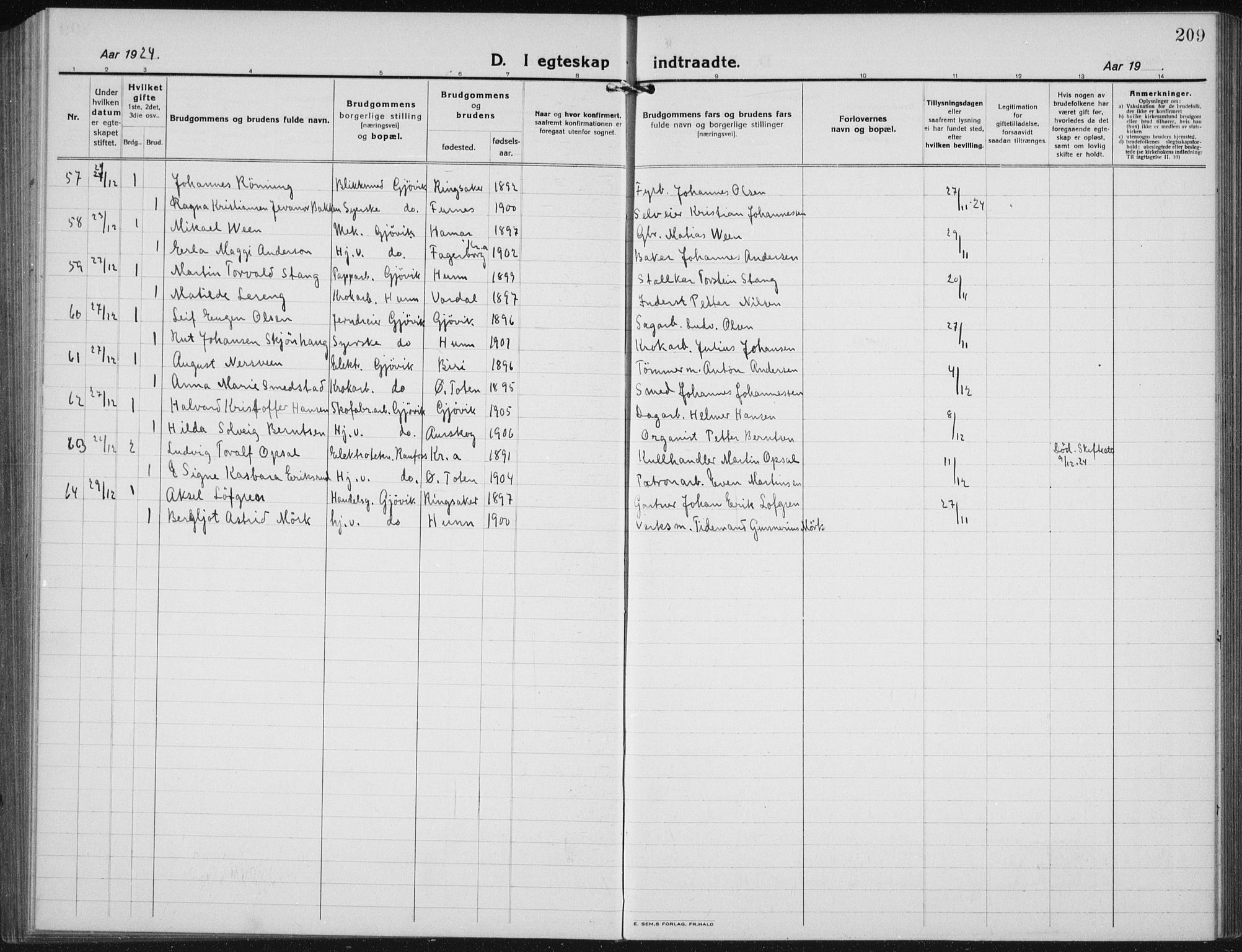 Vardal prestekontor, SAH/PREST-100/H/Ha/Hab/L0017: Parish register (copy) no. 17, 1922-1941, p. 209