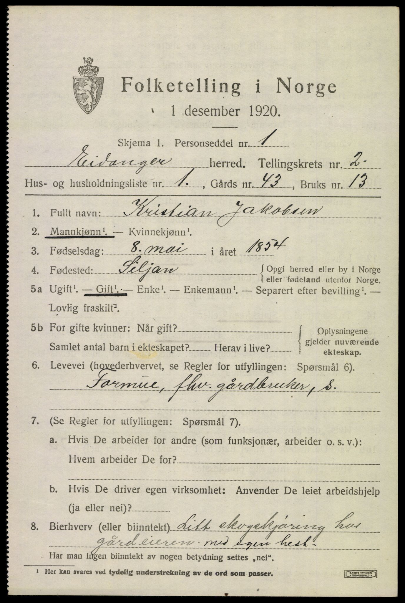 SAKO, 1920 census for Eidanger, 1920, p. 2916