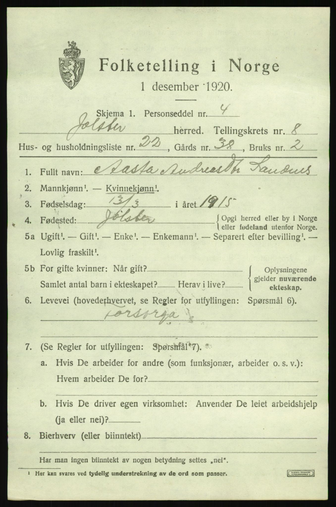 SAB, 1920 census for Jølster, 1920, p. 4300