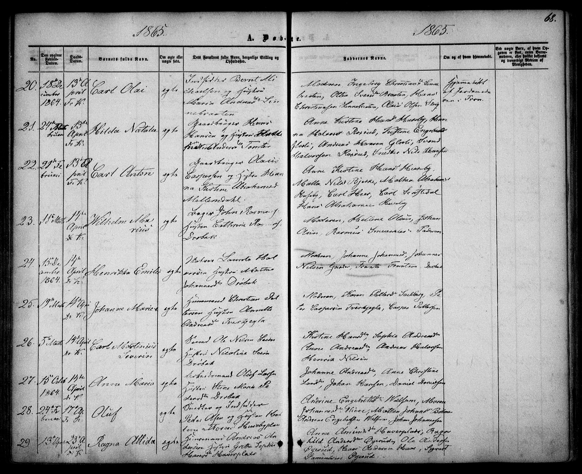 Drøbak prestekontor Kirkebøker, AV/SAO-A-10142a/F/Fa/L0002: Parish register (official) no. I 2, 1858-1870, p. 68