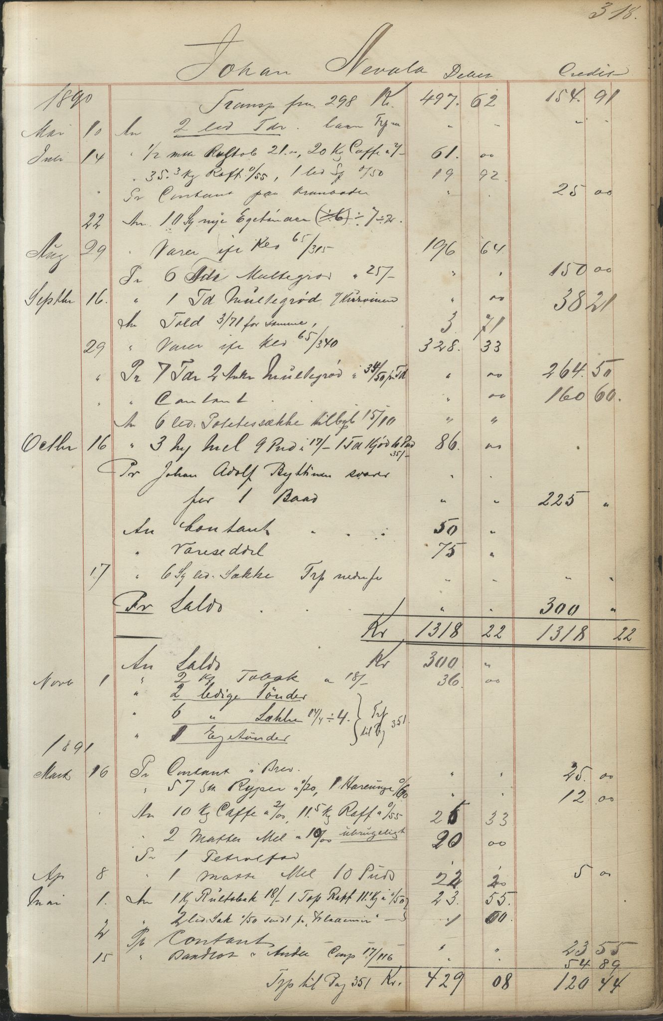 Brodtkorb handel A/S, VAMU/A-0001/F/Fc/L0001/0001: Konto for kvener og nordmenn på Kolahalvøya  / Conto for Kvæner og Nordmænd paa Russefinmarken No 1, 1868-1894, p. 318