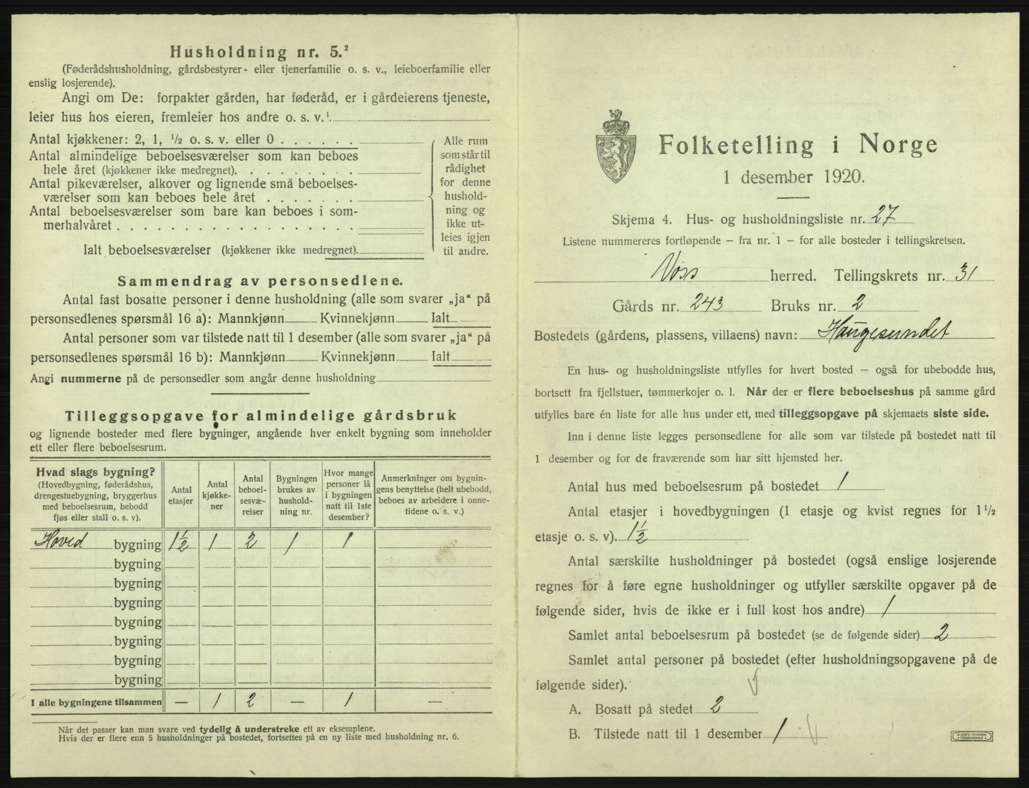 SAB, 1920 census for Voss, 1920, p. 2739