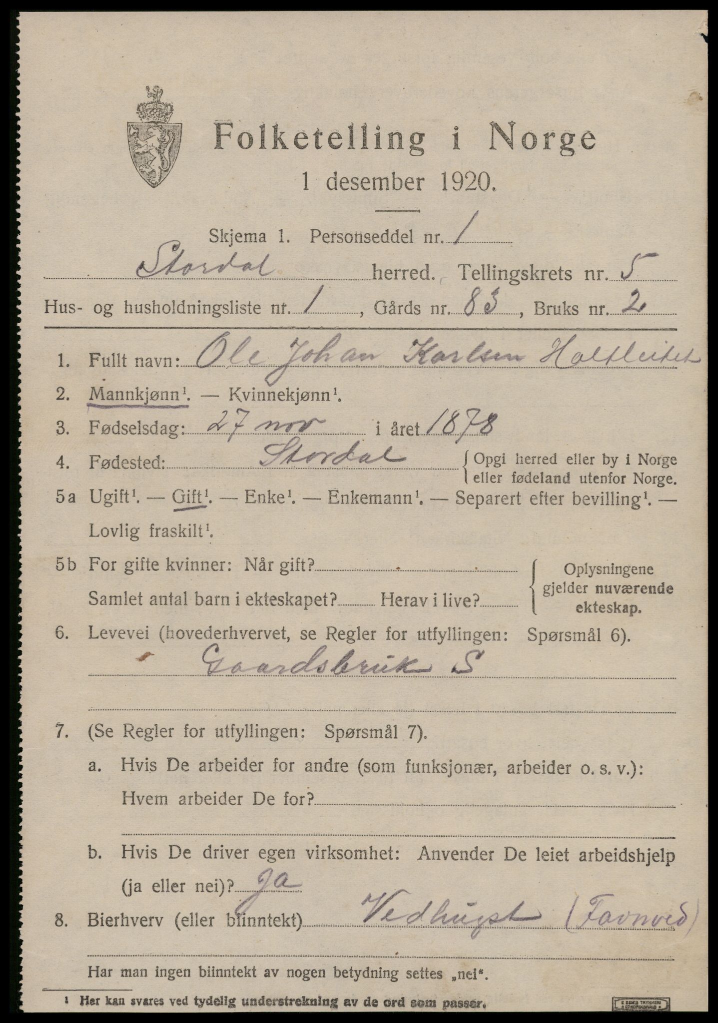 SAT, 1920 census for Stordal, 1920, p. 1536