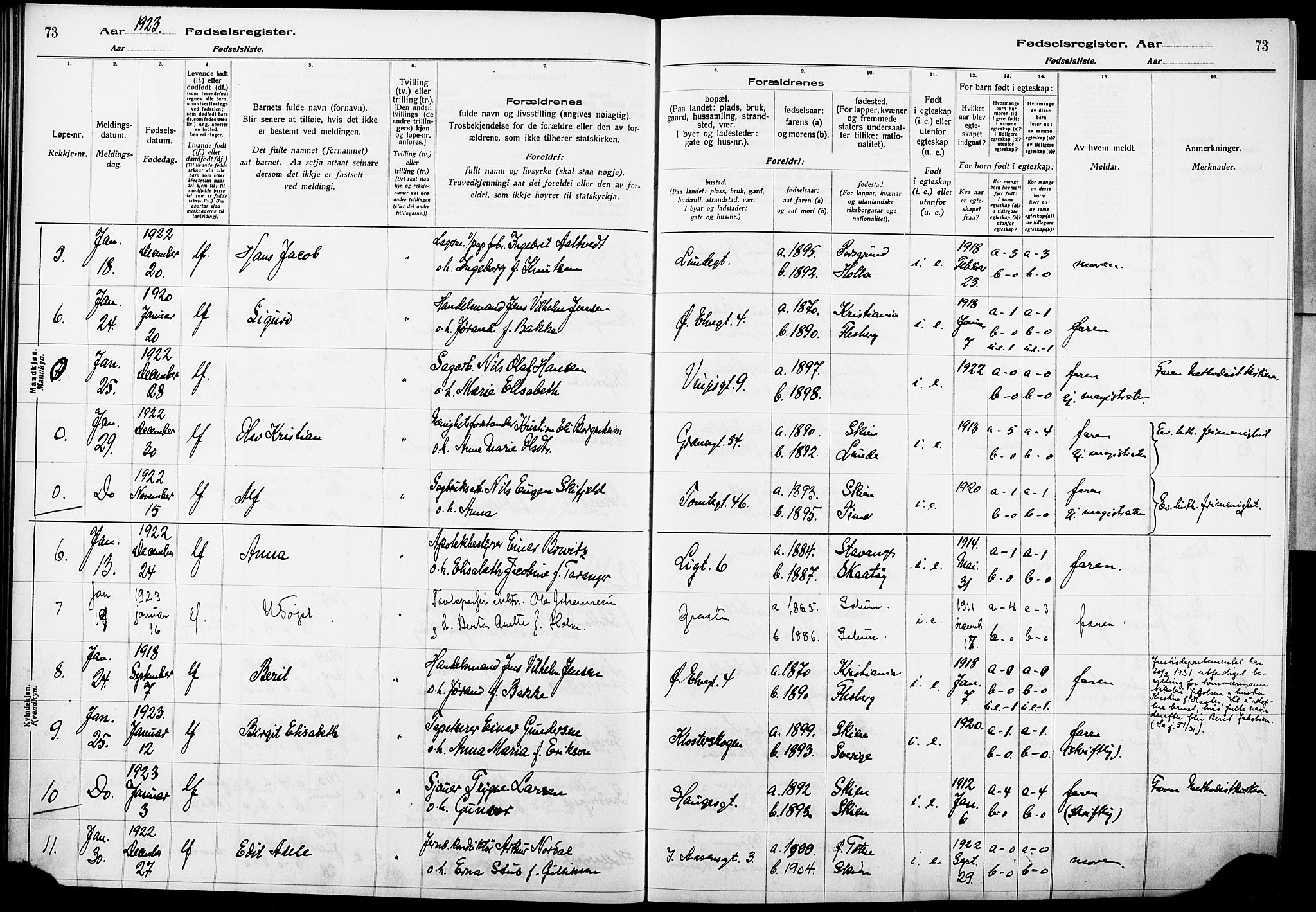 Skien kirkebøker, AV/SAKO-A-302/J/Ja/L0002: Birth register no. 2, 1921-1927, p. 73