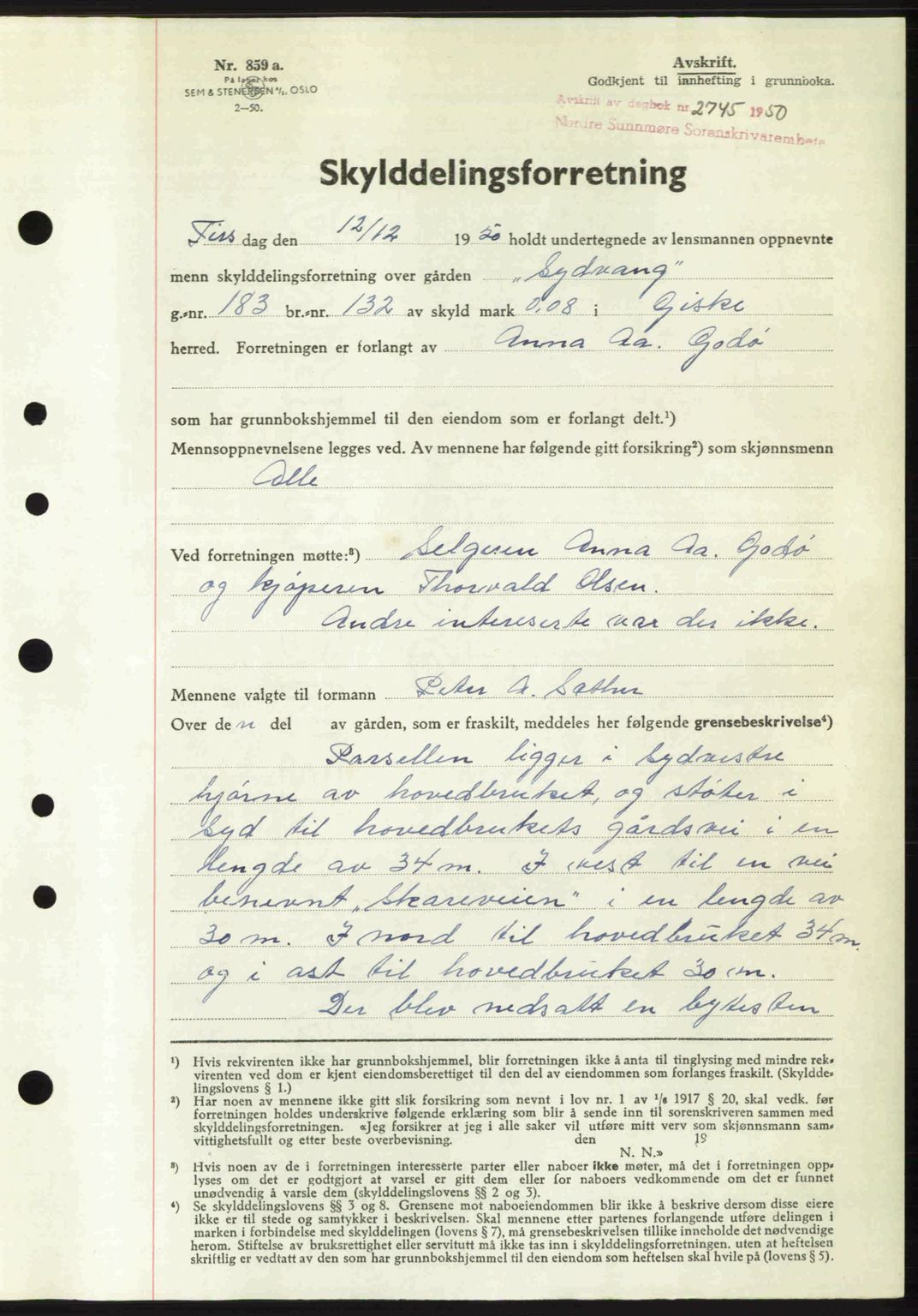 Nordre Sunnmøre sorenskriveri, AV/SAT-A-0006/1/2/2C/2Ca: Mortgage book no. A36, 1950-1950, Diary no: : 2745/1950