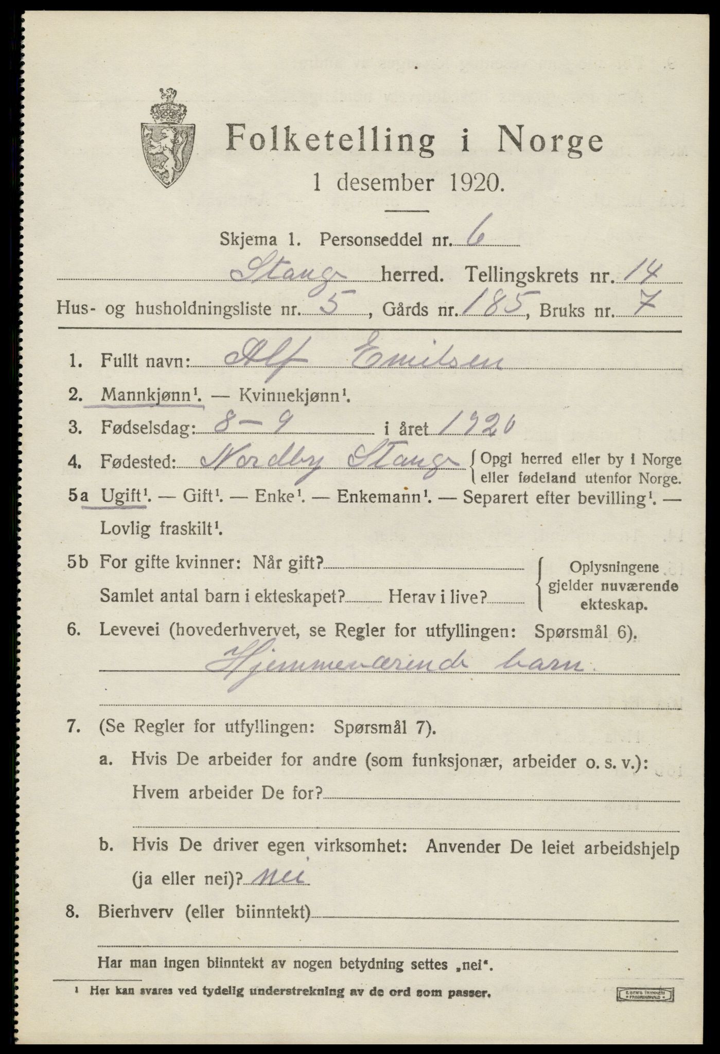 SAH, 1920 census for Stange, 1920, p. 19803