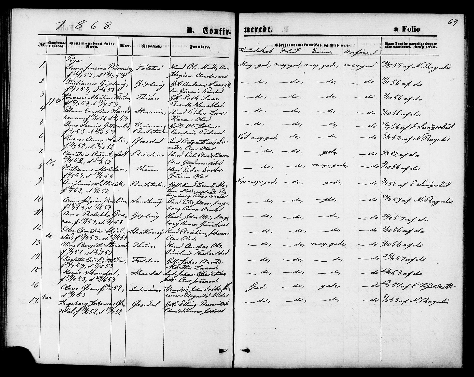 Ministerialprotokoller, klokkerbøker og fødselsregistre - Nord-Trøndelag, AV/SAT-A-1458/744/L0419: Parish register (official) no. 744A03, 1867-1881, p. 69