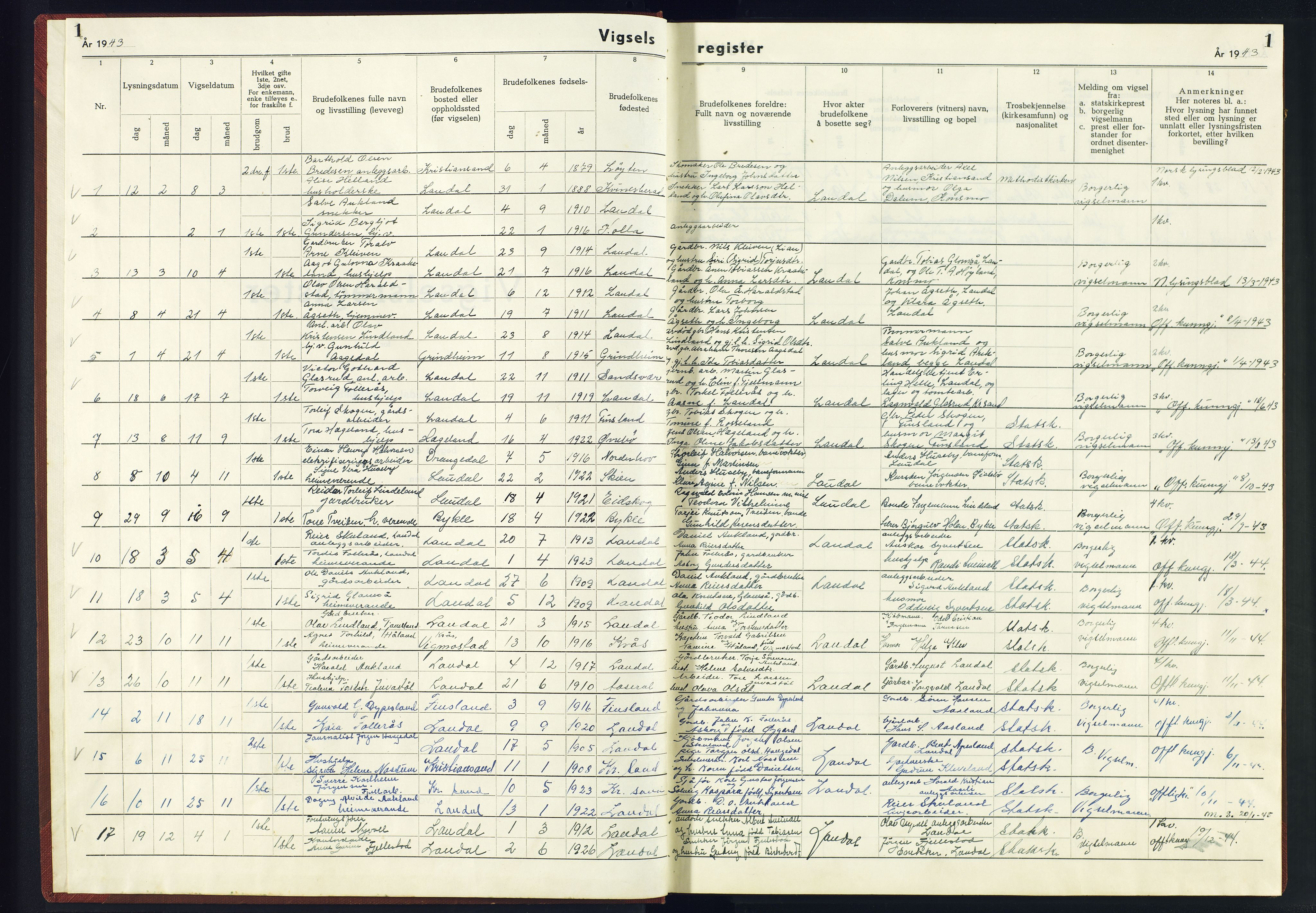 Holum sokneprestkontor, SAK/1111-0022/J/Jb/L0005: Marriage register no. II.6.5, 1943-1945, p. 1