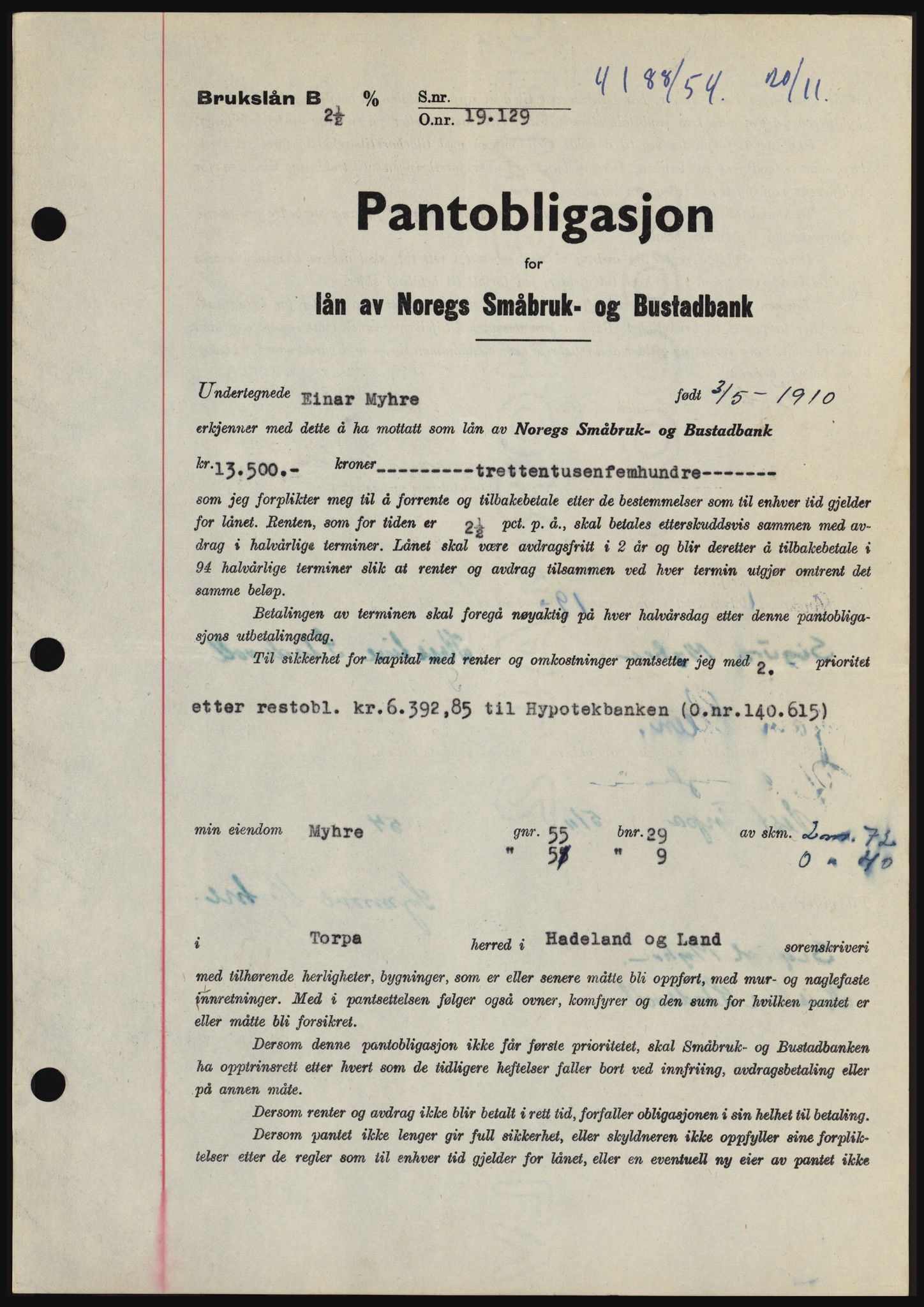 Hadeland og Land tingrett, AV/SAH-TING-010/H/Hb/Hbc/L0031: Mortgage book no. B31, 1954-1955, Diary no: : 4188/1954