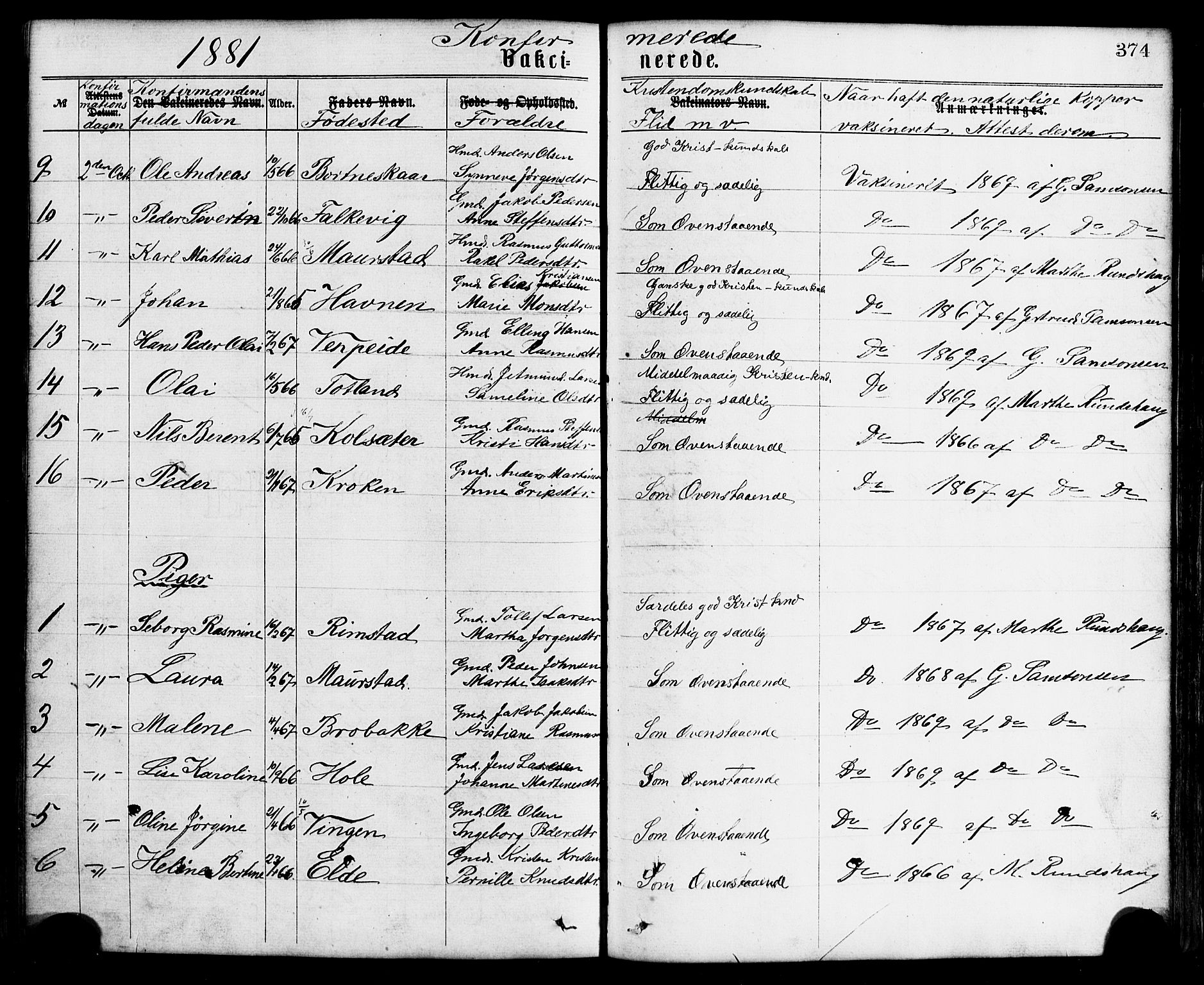 Davik sokneprestembete, AV/SAB-A-79701/H/Haa/Haaa/L0006: Parish register (official) no. A 6, 1867-1881, p. 374