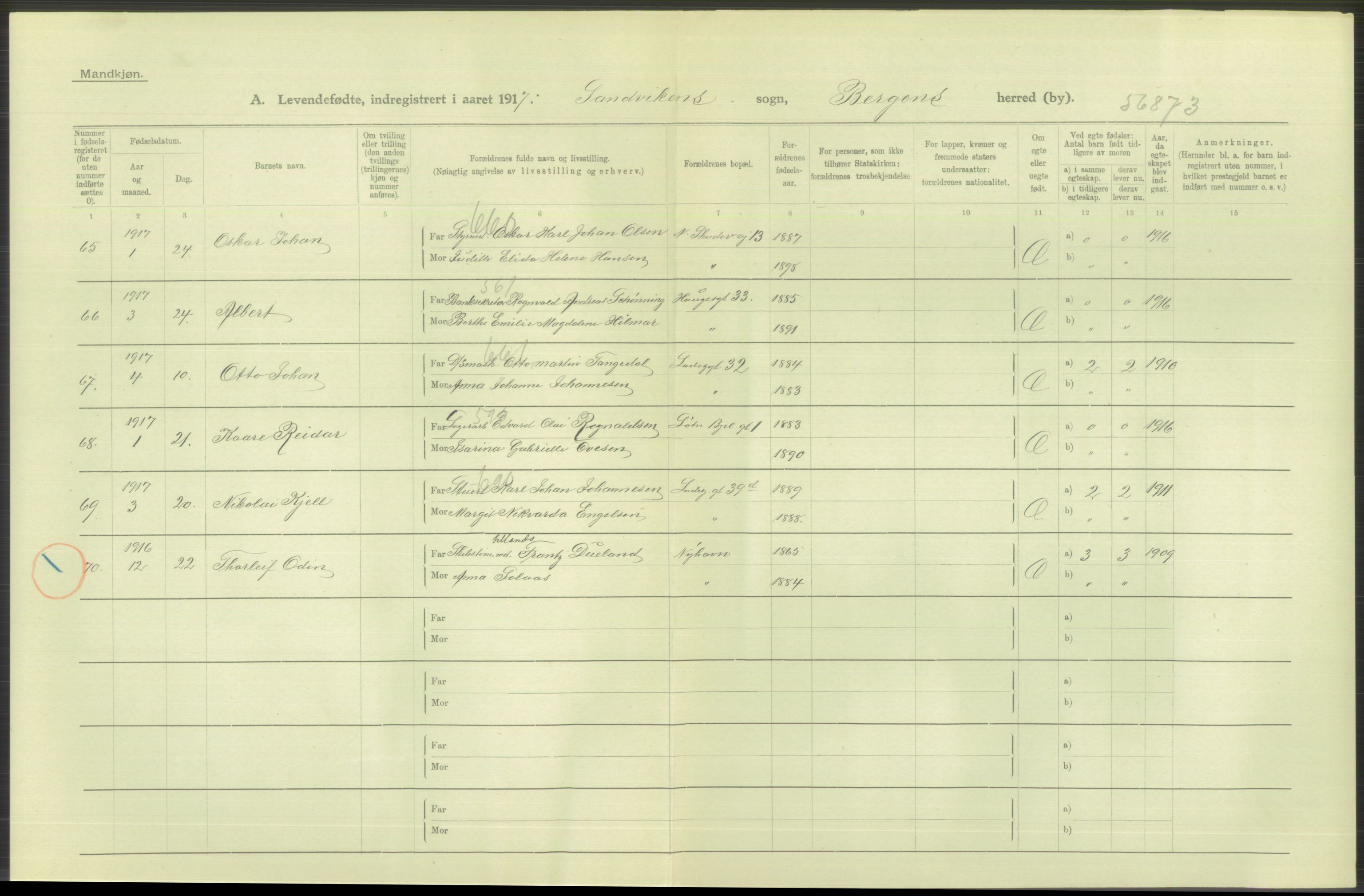 Statistisk sentralbyrå, Sosiodemografiske emner, Befolkning, AV/RA-S-2228/D/Df/Dfb/Dfbg/L0037: Bergen: Levendefødte menn og kvinner., 1917, p. 306