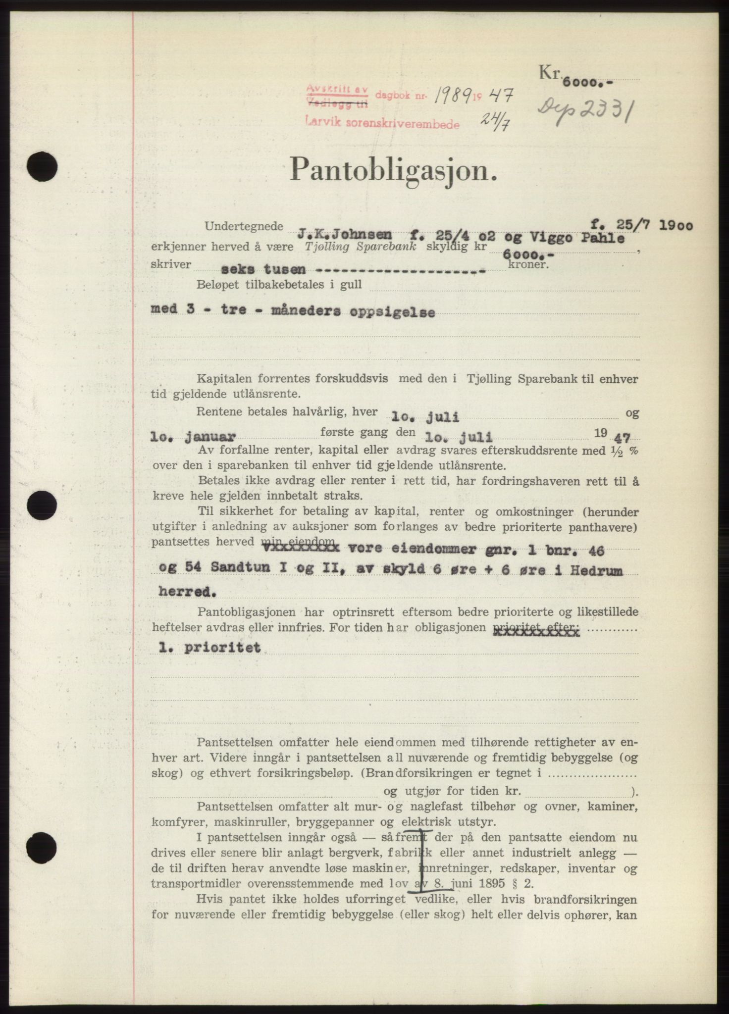 Larvik sorenskriveri, AV/SAKO-A-83/G/Ga/Gac/L0012: Mortgage book no. B-12, 1947-1947, Diary no: : 1989/1947