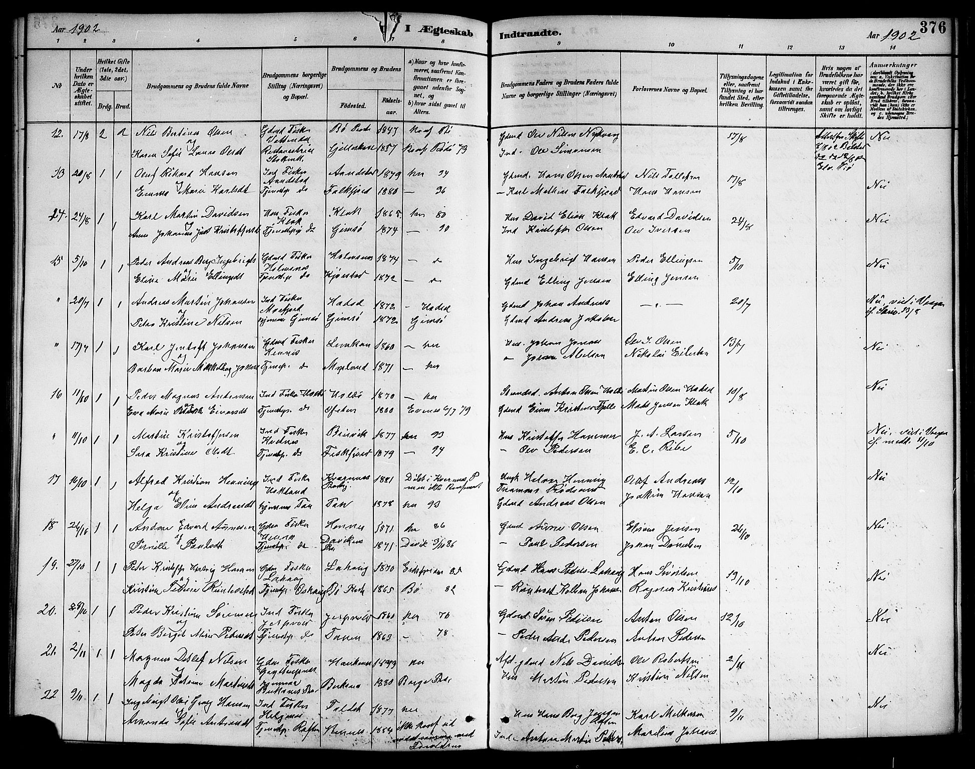 Ministerialprotokoller, klokkerbøker og fødselsregistre - Nordland, AV/SAT-A-1459/888/L1268: Parish register (copy) no. 888C06, 1891-1908, p. 376