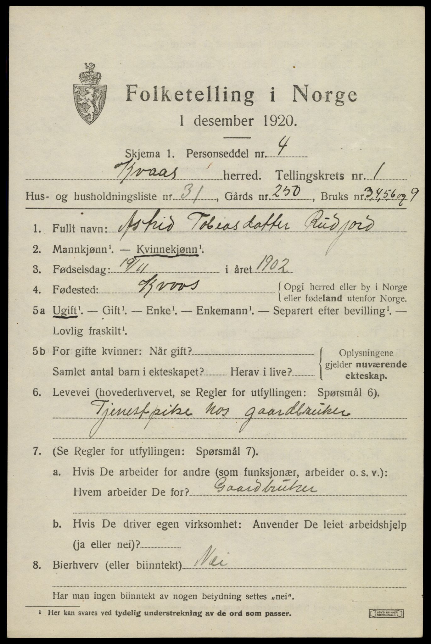 SAK, 1920 census for Kvås, 1920, p. 668