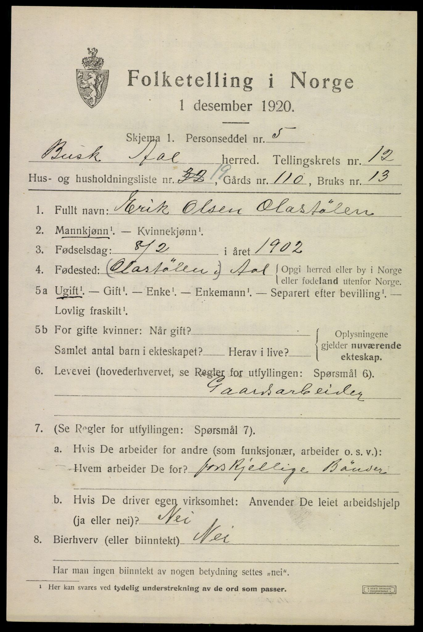 SAKO, 1920 census for Ål, 1920, p. 6850