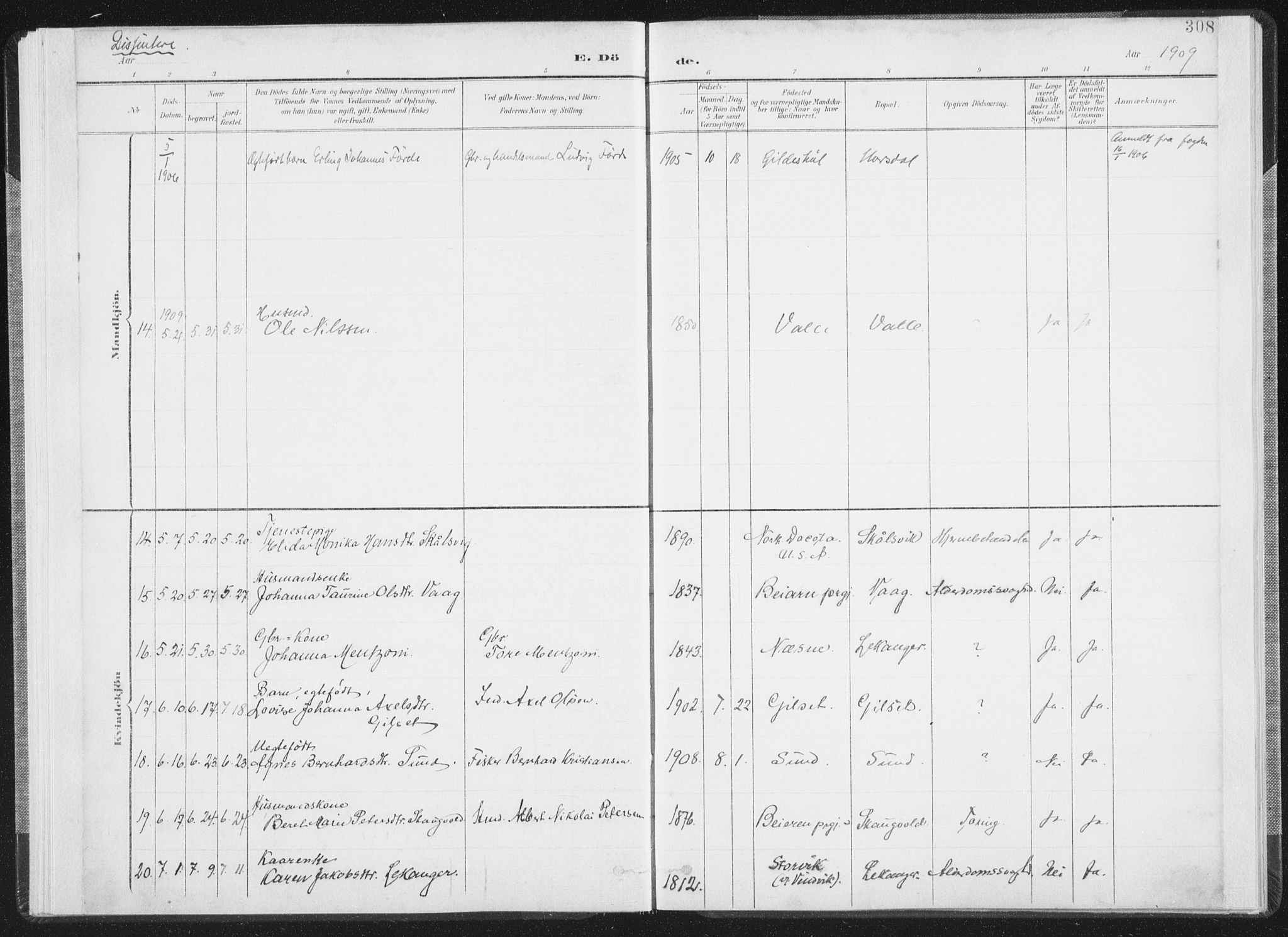 Ministerialprotokoller, klokkerbøker og fødselsregistre - Nordland, SAT/A-1459/805/L0103: Parish register (official) no. 805A08II, 1900-1909, p. 308