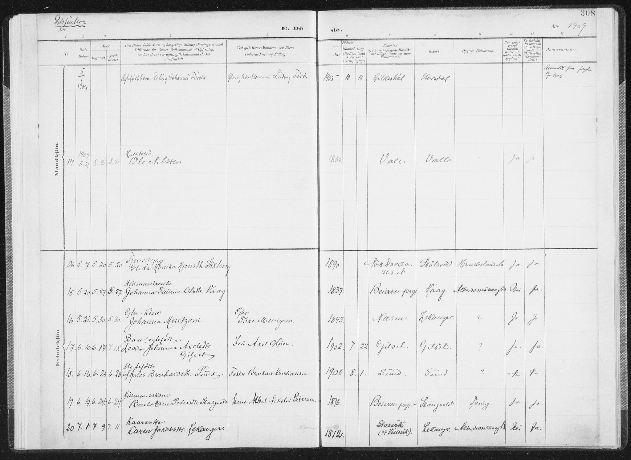 Ministerialprotokoller, klokkerbøker og fødselsregistre - Nordland, AV/SAT-A-1459/805/L0103: Parish register (official) no. 805A08II, 1900-1909, p. 308