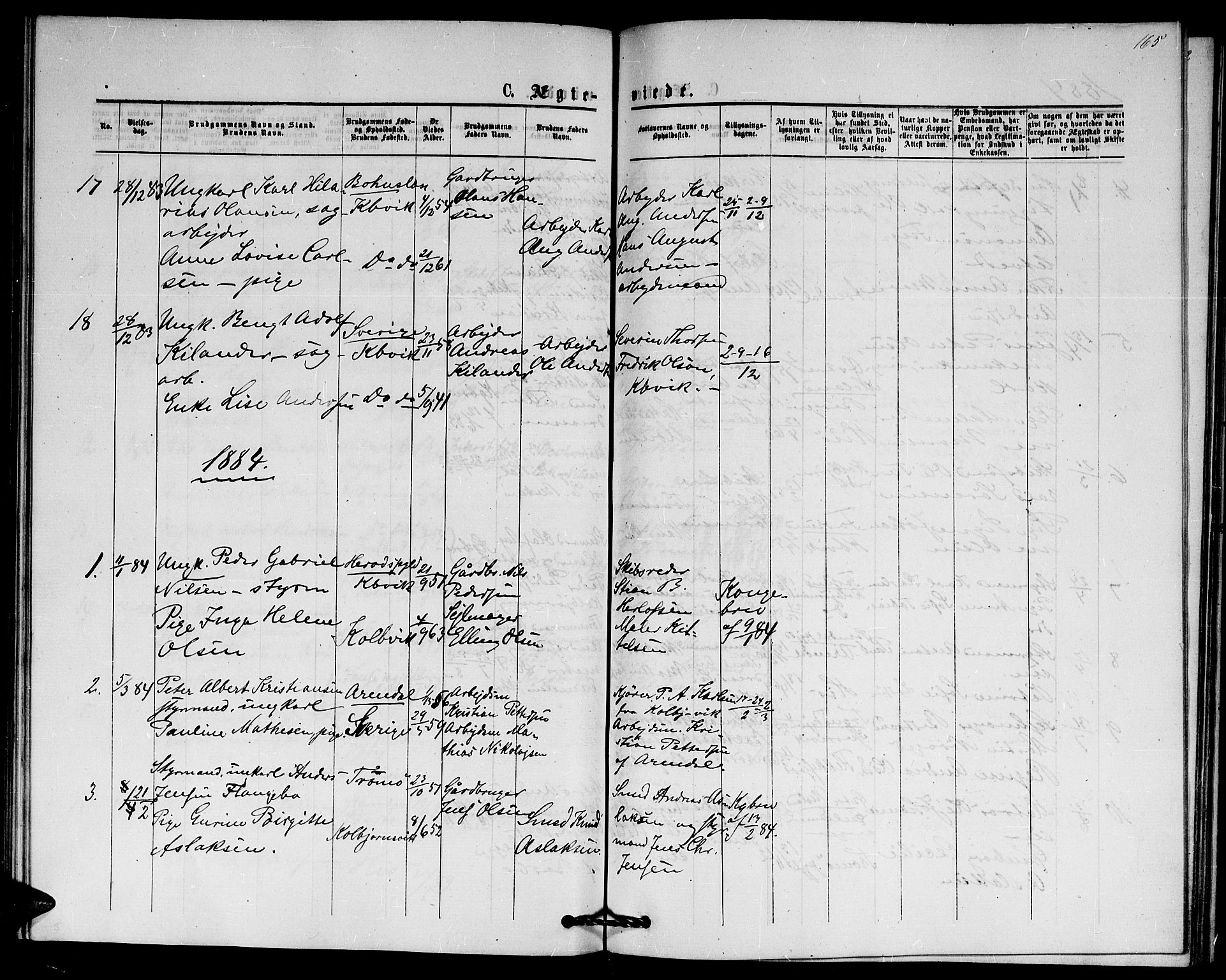 Hisøy sokneprestkontor, SAK/1111-0020/F/Fb/L0002: Parish register (copy) no. B 2, 1873-1885, p. 165