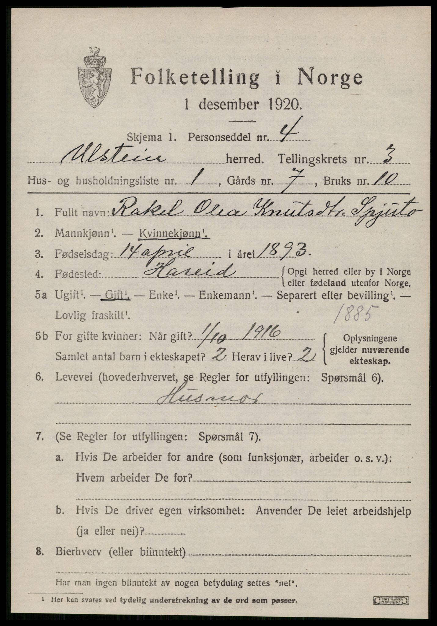 SAT, 1920 census for Ulstein, 1920, p. 1630