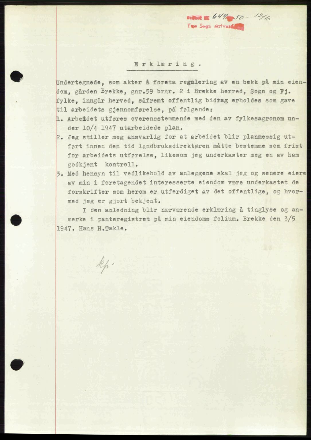 Ytre Sogn tingrett, SAB/A-2601/1/G/Gbb/L0009: Mortgage book no. A6 - A7 (B4), 1950-1950, Diary no: : 644/1950