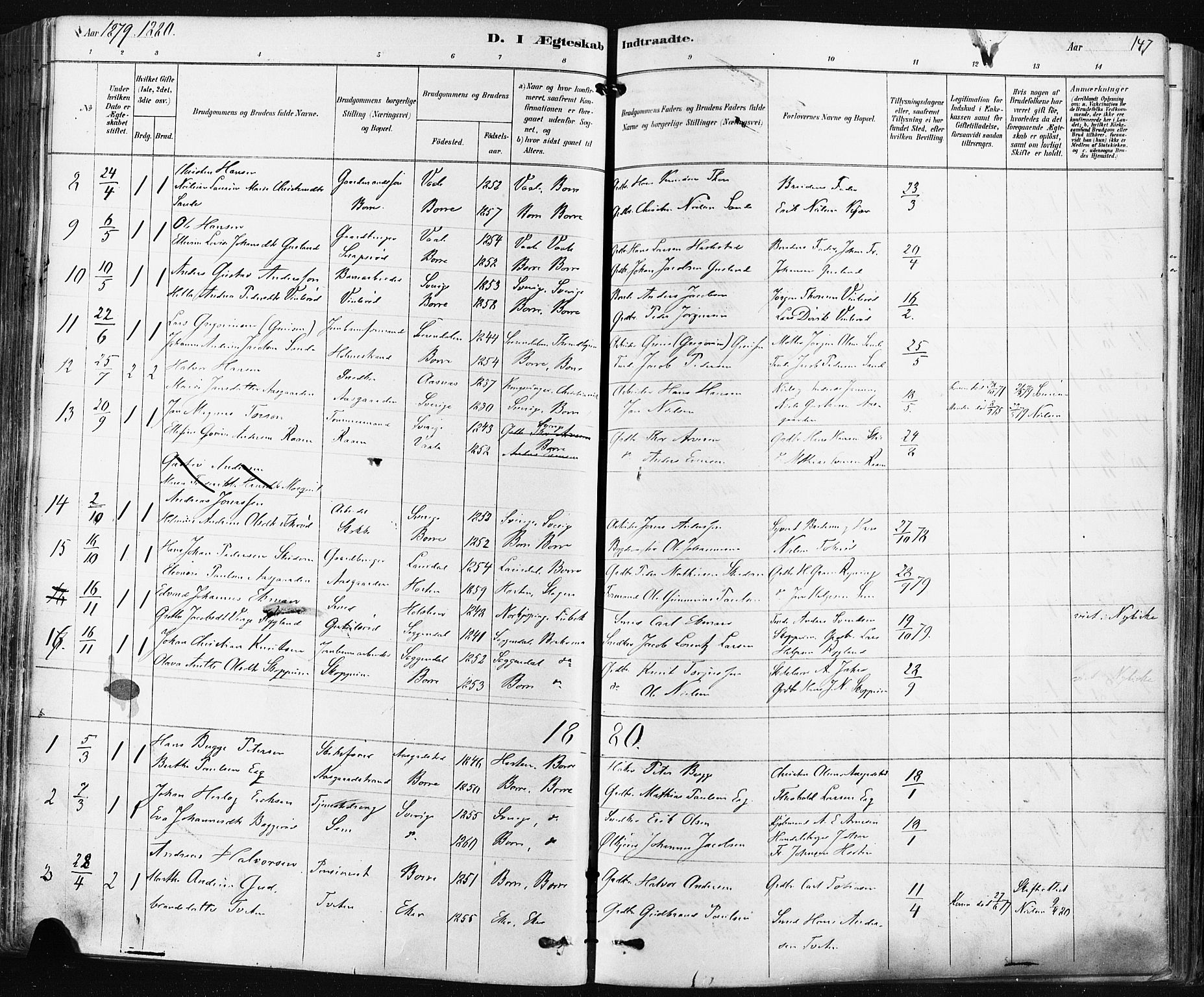 Borre kirkebøker, SAKO/A-338/F/Fa/L0009: Parish register (official) no. I 9, 1878-1896, p. 147
