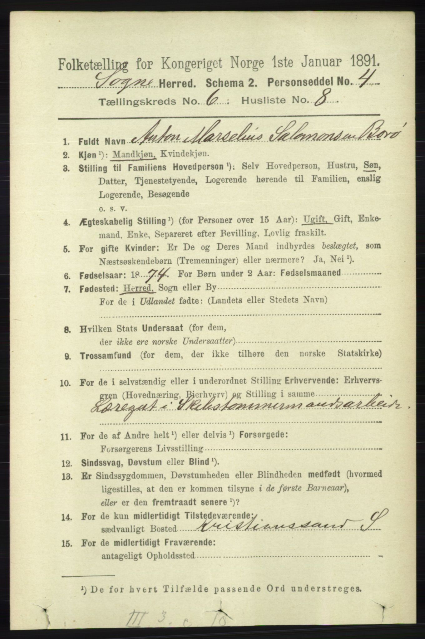 RA, 1891 census for 1018 Søgne, 1891, p. 1413