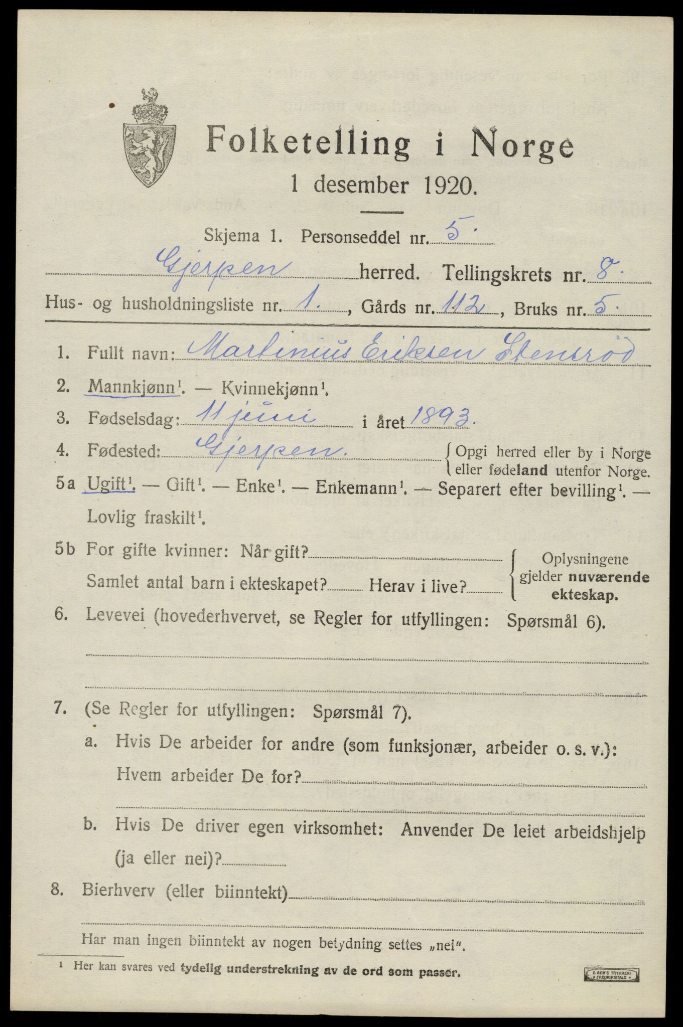 SAKO, 1920 census for Gjerpen, 1920, p. 9540