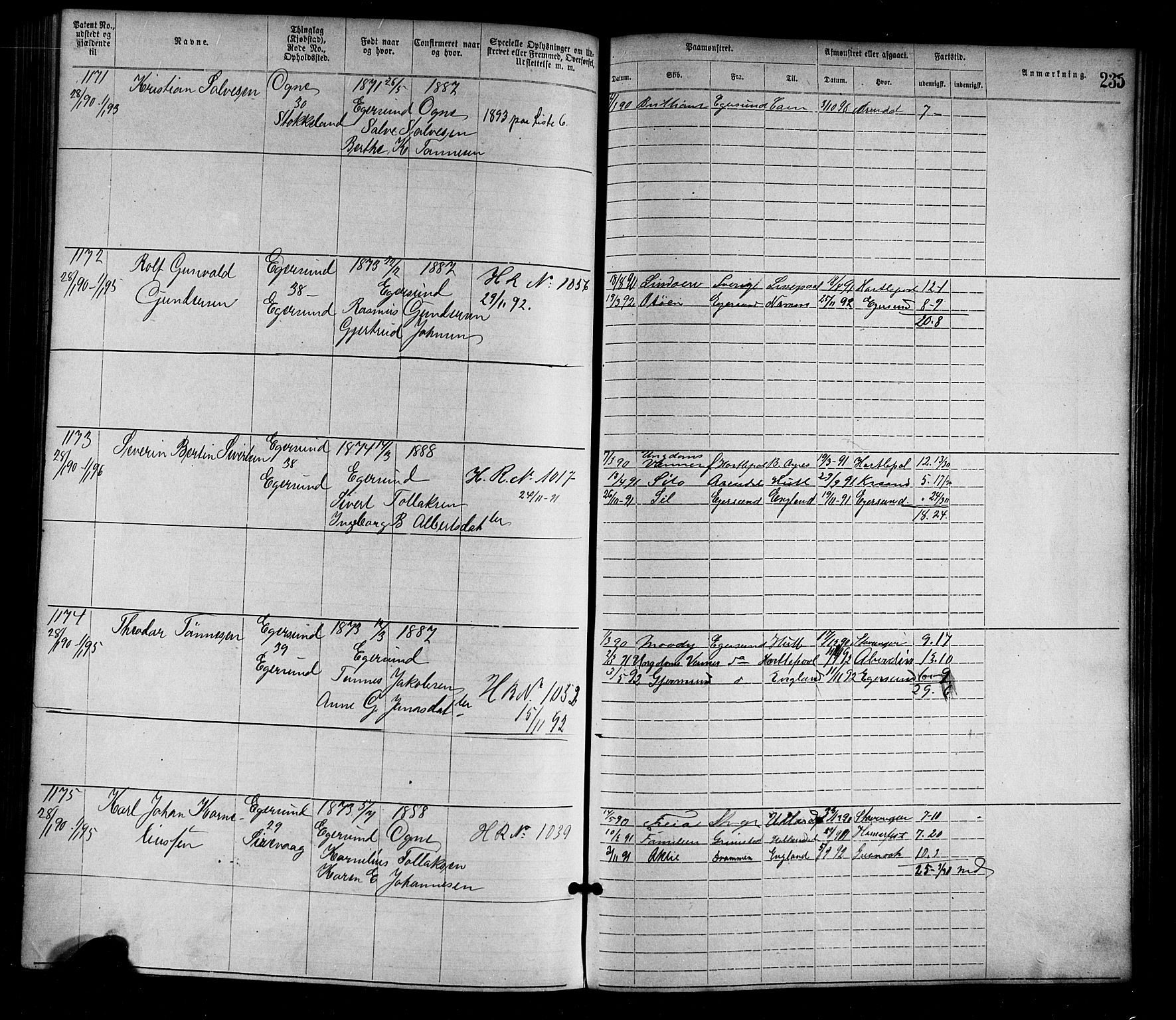 Egersund mønstringskrets, SAK/2031-0019/F/Fa/L0001: Annotasjonsrulle nr 1-1440 med register, O-1, 1869-1895, p. 260