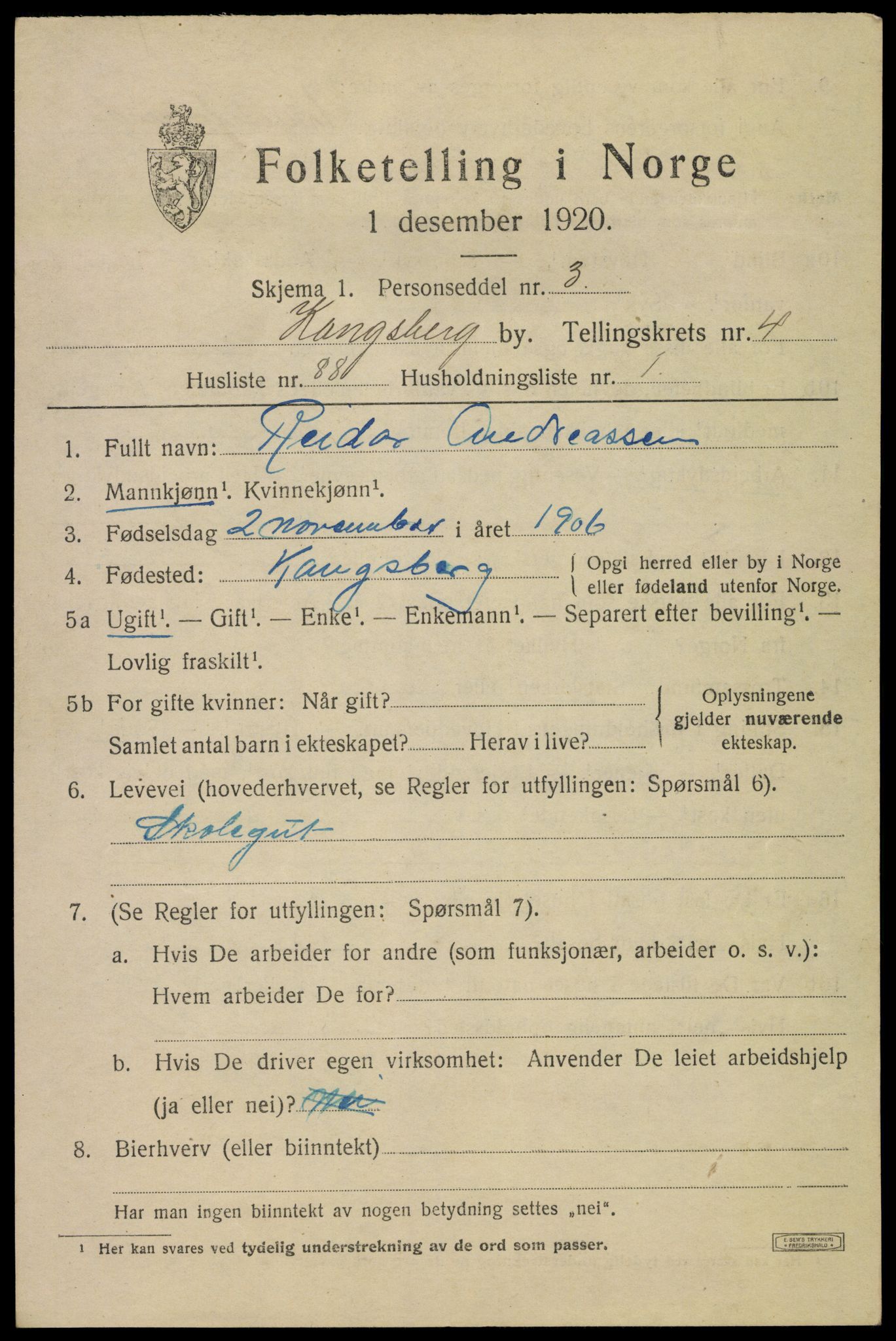 SAKO, 1920 census for Kongsberg, 1920, p. 12160