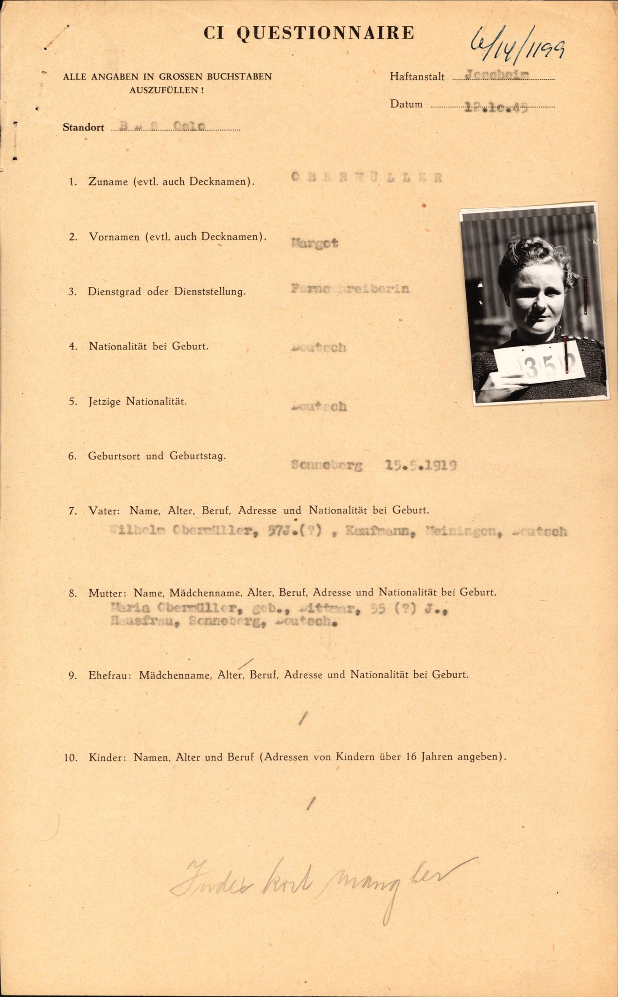 Forsvaret, Forsvarets overkommando II, AV/RA-RAFA-3915/D/Db/L0024: CI Questionaires. Tyske okkupasjonsstyrker i Norge. Tyskere., 1945-1946, p. 399