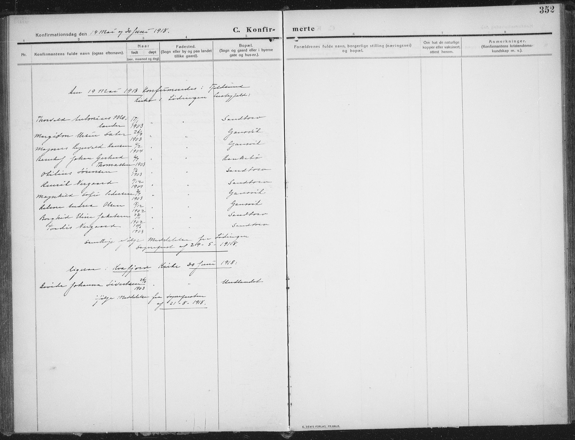 Trondenes sokneprestkontor, AV/SATØ-S-1319/H/Ha/L0018kirke: Parish register (official) no. 18, 1909-1918, p. 352