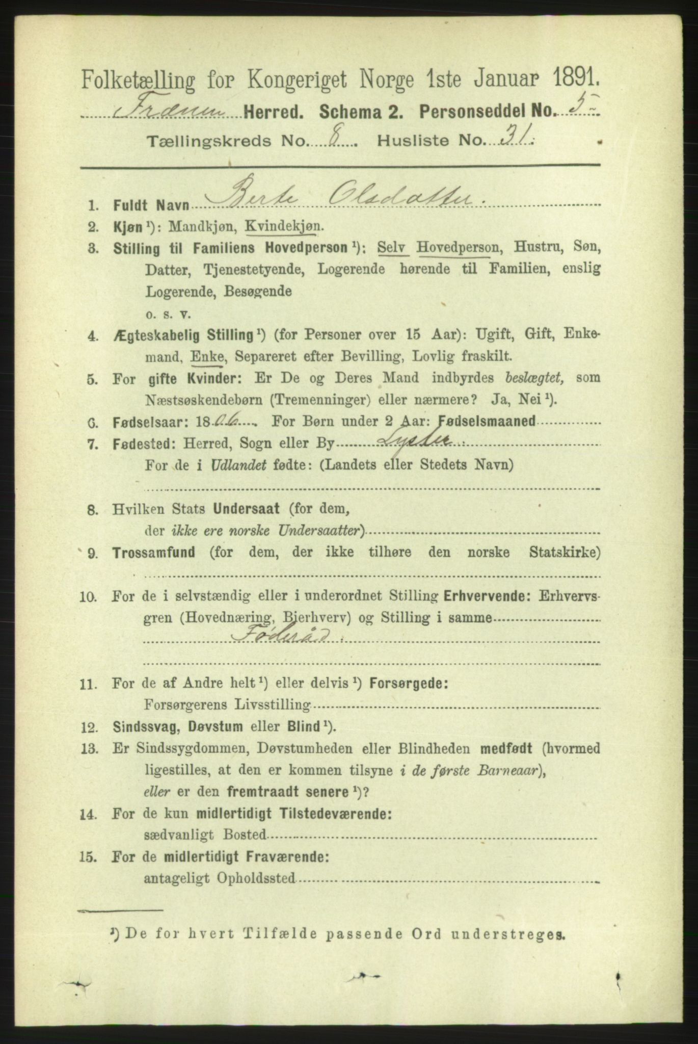 RA, 1891 census for 1548 Fræna, 1891, p. 2813