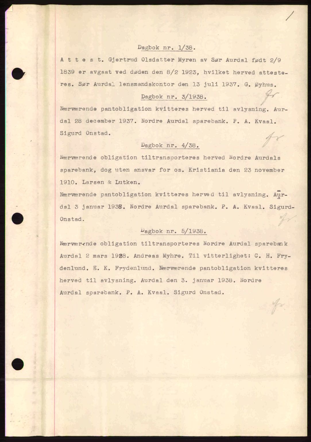 Valdres sorenskriveri, SAH/TING-016/H/Hb/Hbc/L0005: Mortgage book no. B5, 1938-1938, Diary no: : 1/1938