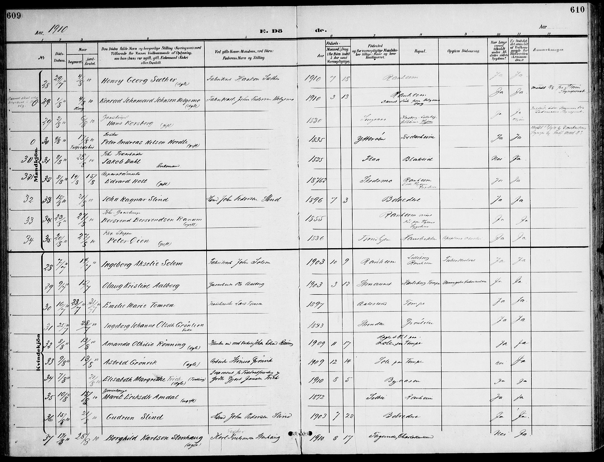 Ministerialprotokoller, klokkerbøker og fødselsregistre - Sør-Trøndelag, SAT/A-1456/607/L0320: Parish register (official) no. 607A04, 1907-1915, p. 609-610