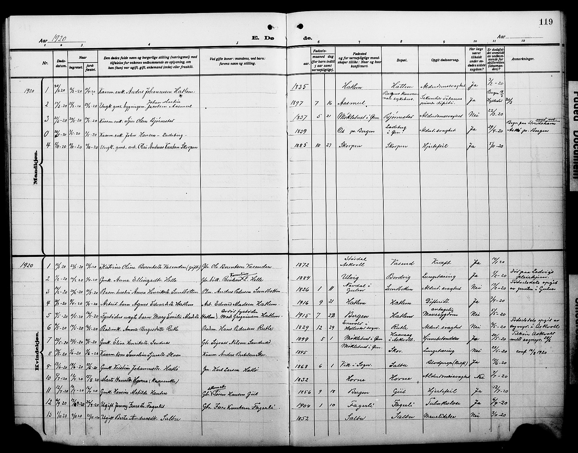 Hyllestad sokneprestembete, AV/SAB-A-80401: Parish register (copy) no. C 4, 1914-1927, p. 119