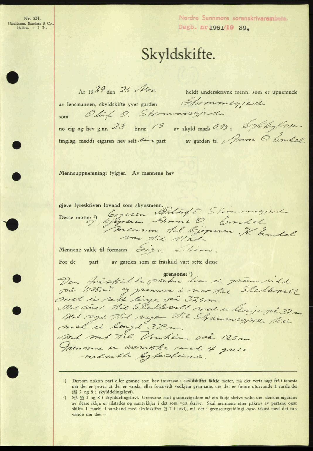 Nordre Sunnmøre sorenskriveri, AV/SAT-A-0006/1/2/2C/2Ca: Mortgage book no. A8, 1939-1940, Diary no: : 1961/1939