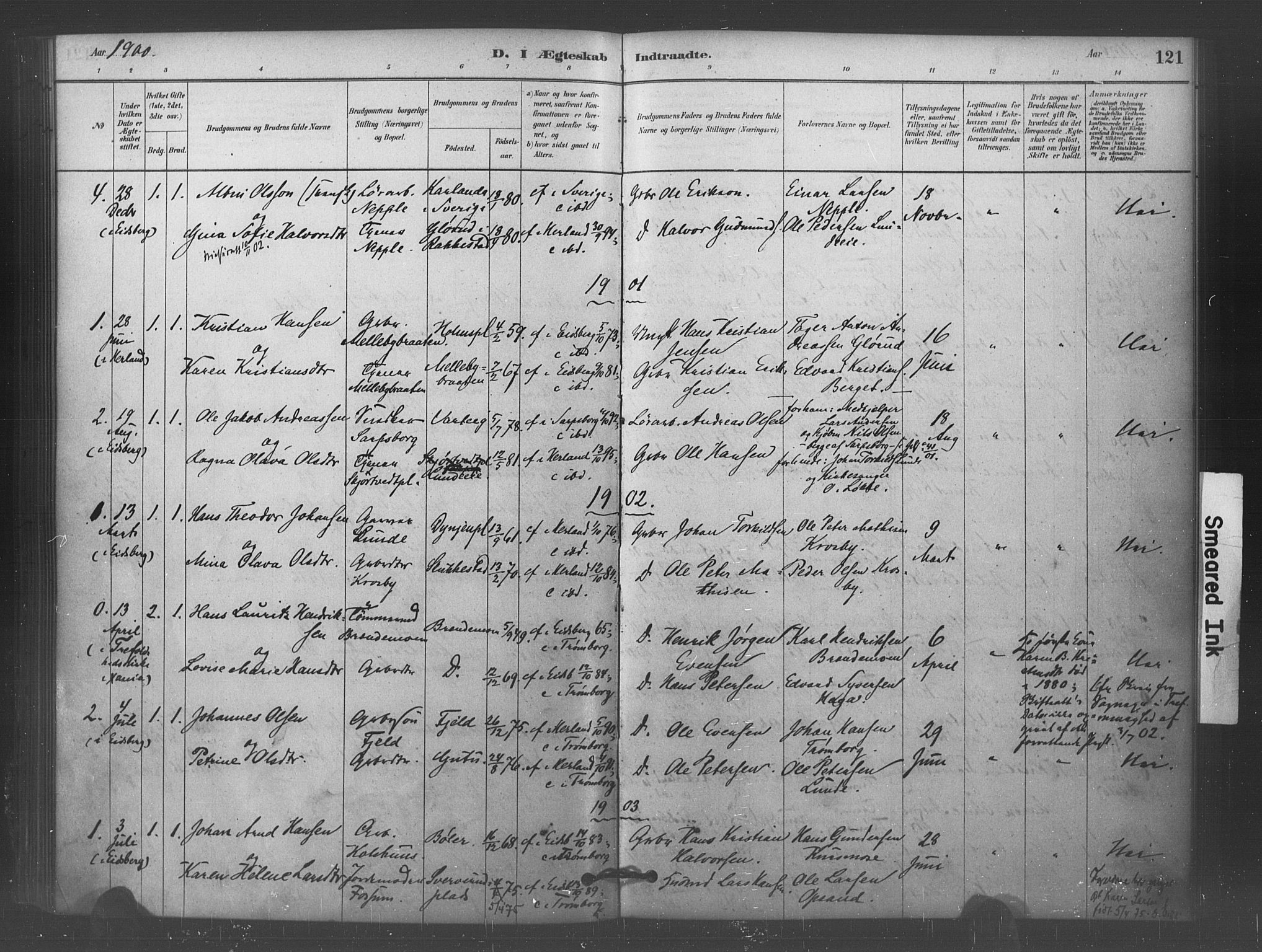 Eidsberg prestekontor Kirkebøker, AV/SAO-A-10905/F/Fc/L0001: Parish register (official) no. III 1, 1879-1905, p. 121