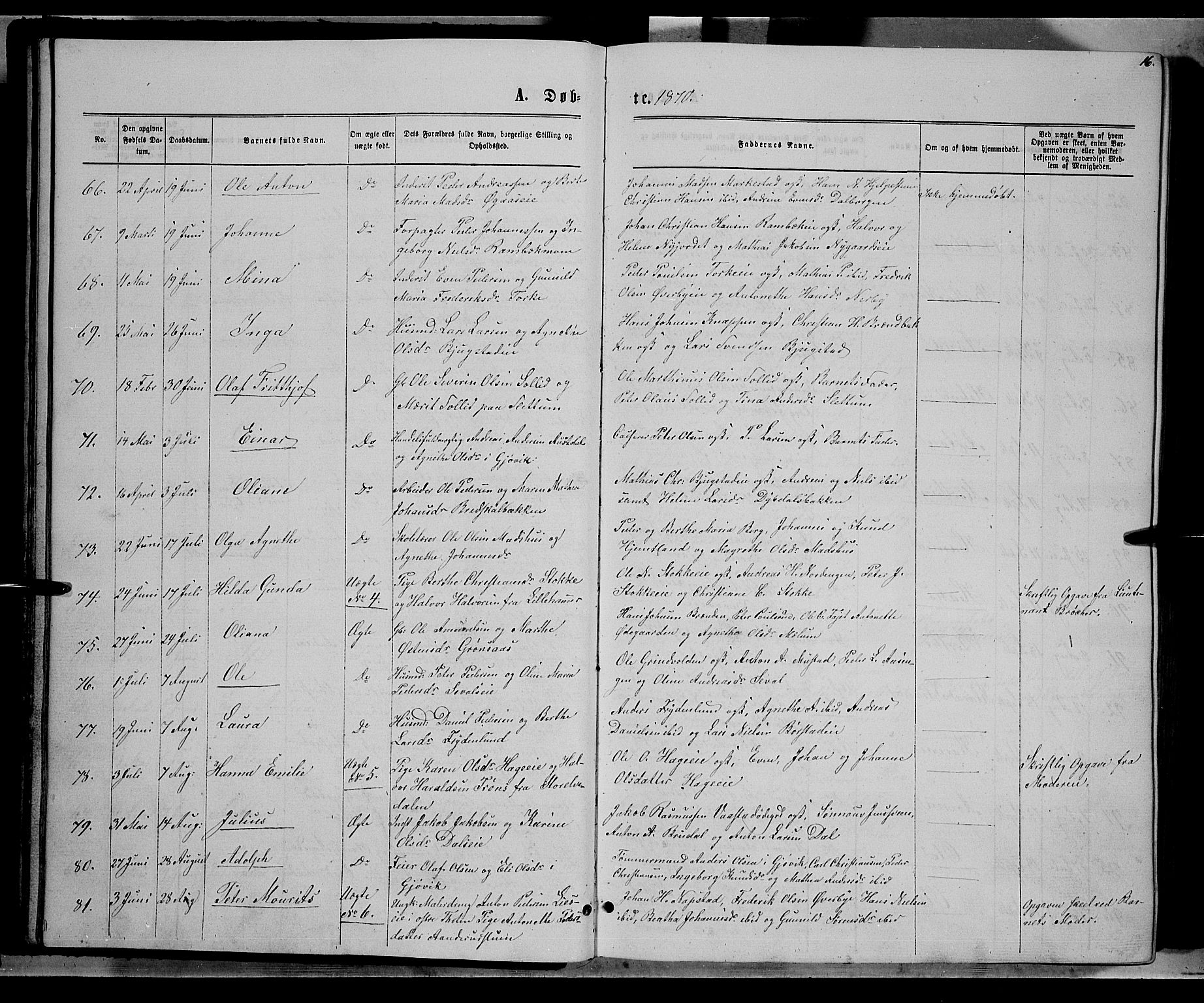 Vardal prestekontor, AV/SAH-PREST-100/H/Ha/Hab/L0006: Parish register (copy) no. 6, 1869-1881, p. 16