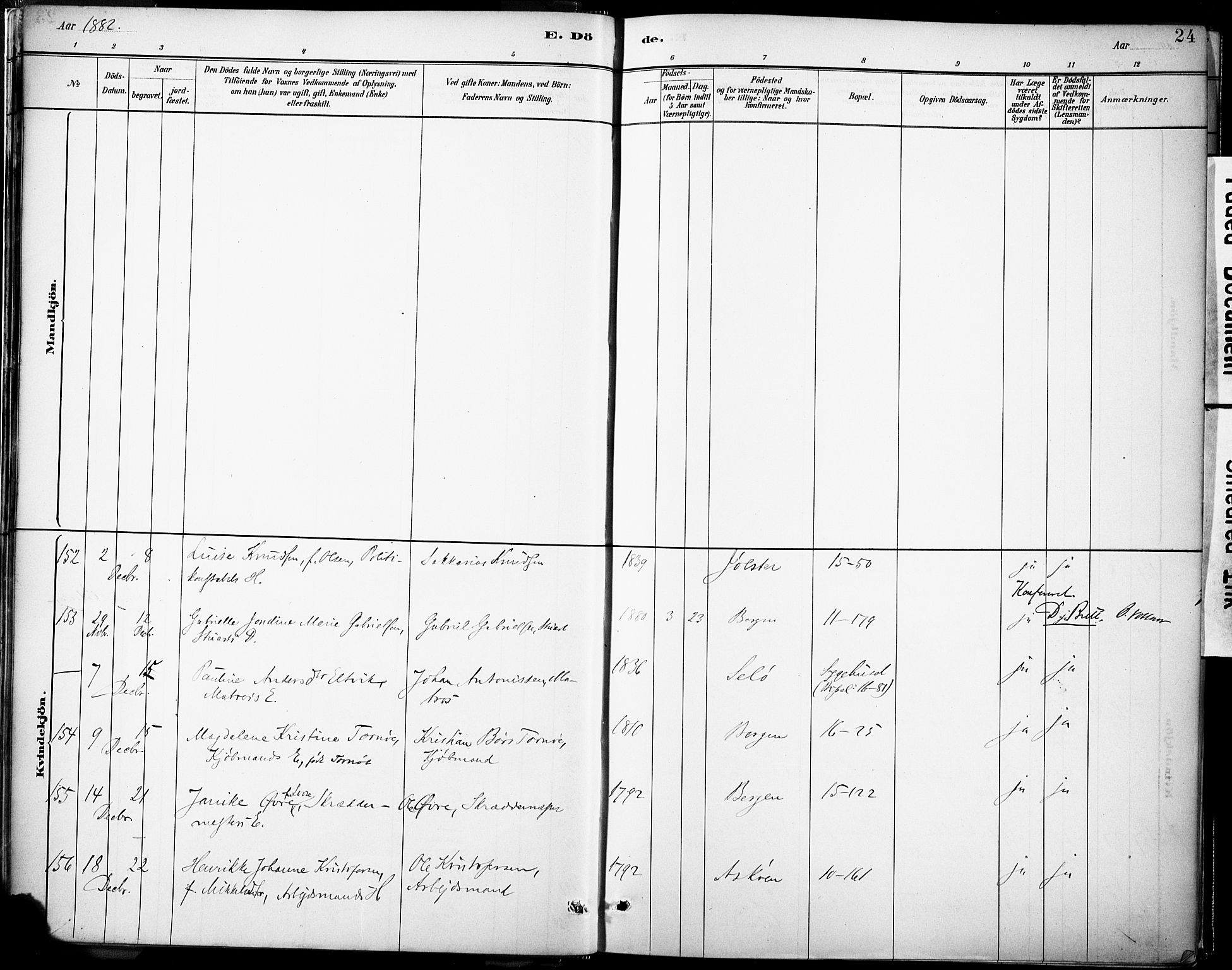 Domkirken sokneprestembete, AV/SAB-A-74801/H/Haa/L0043: Parish register (official) no. E 5, 1882-1904, p. 24