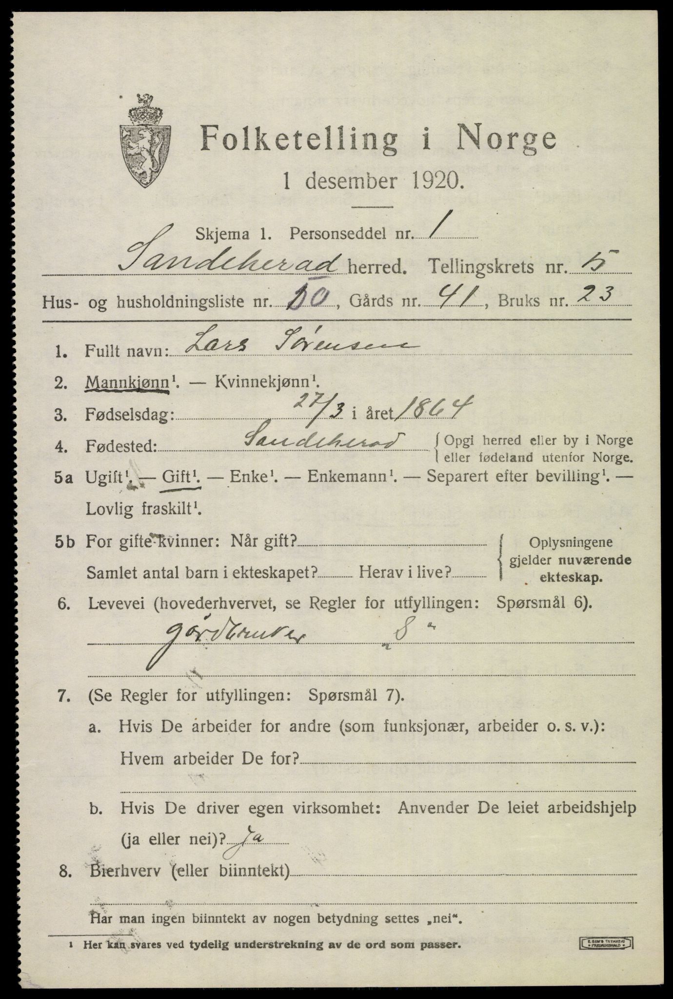 SAKO, 1920 census for Sandeherred, 1920, p. 8644