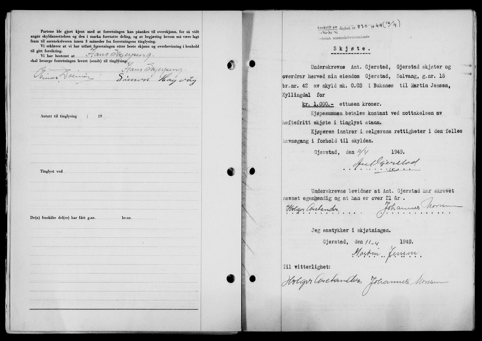Lofoten sorenskriveri, SAT/A-0017/1/2/2C/L0020a: Mortgage book no. 20a, 1948-1949, Diary no: : 830/1949