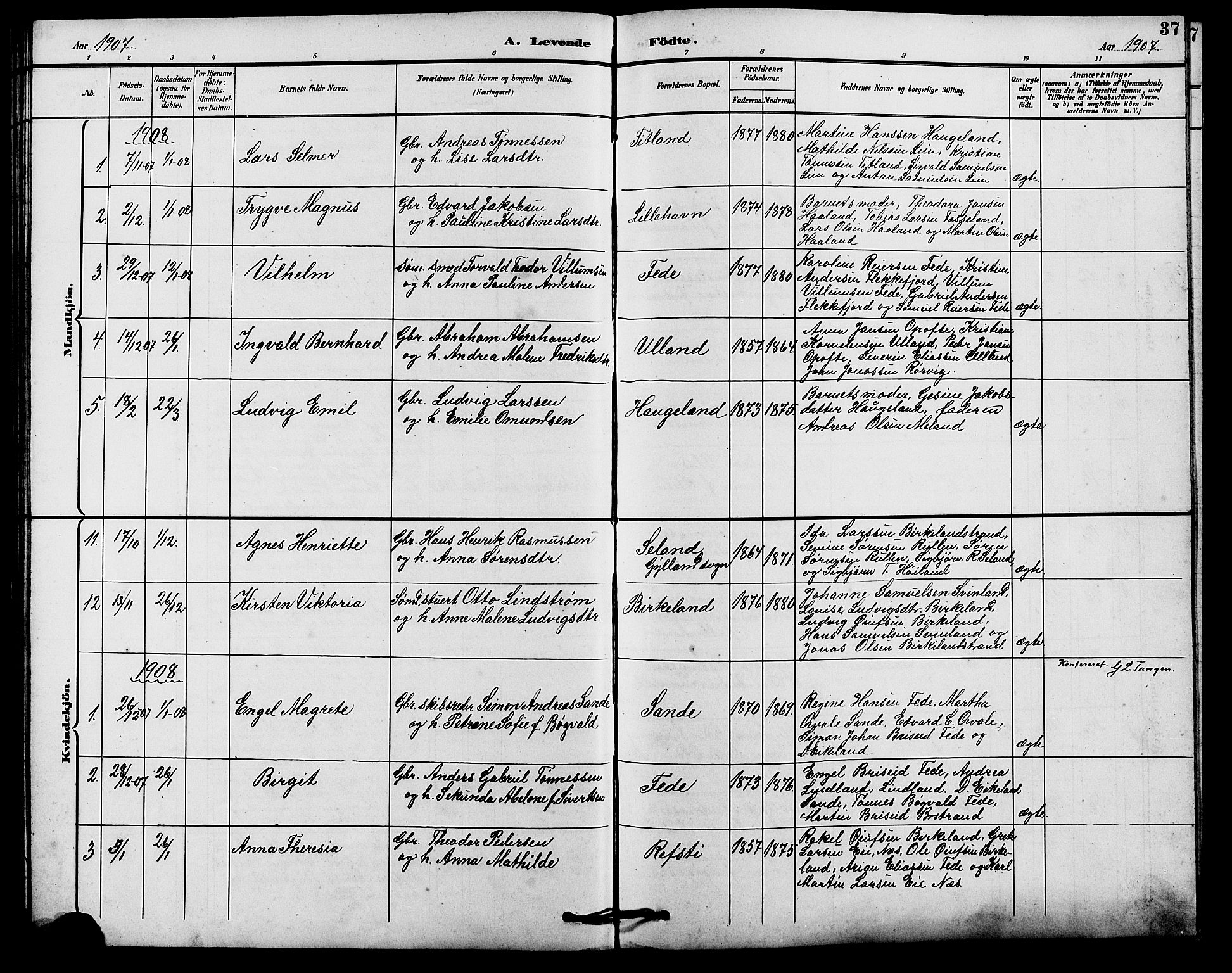 Kvinesdal sokneprestkontor, AV/SAK-1111-0026/F/Fb/Fba/L0004: Parish register (copy) no. B 4, 1894-1909, p. 37
