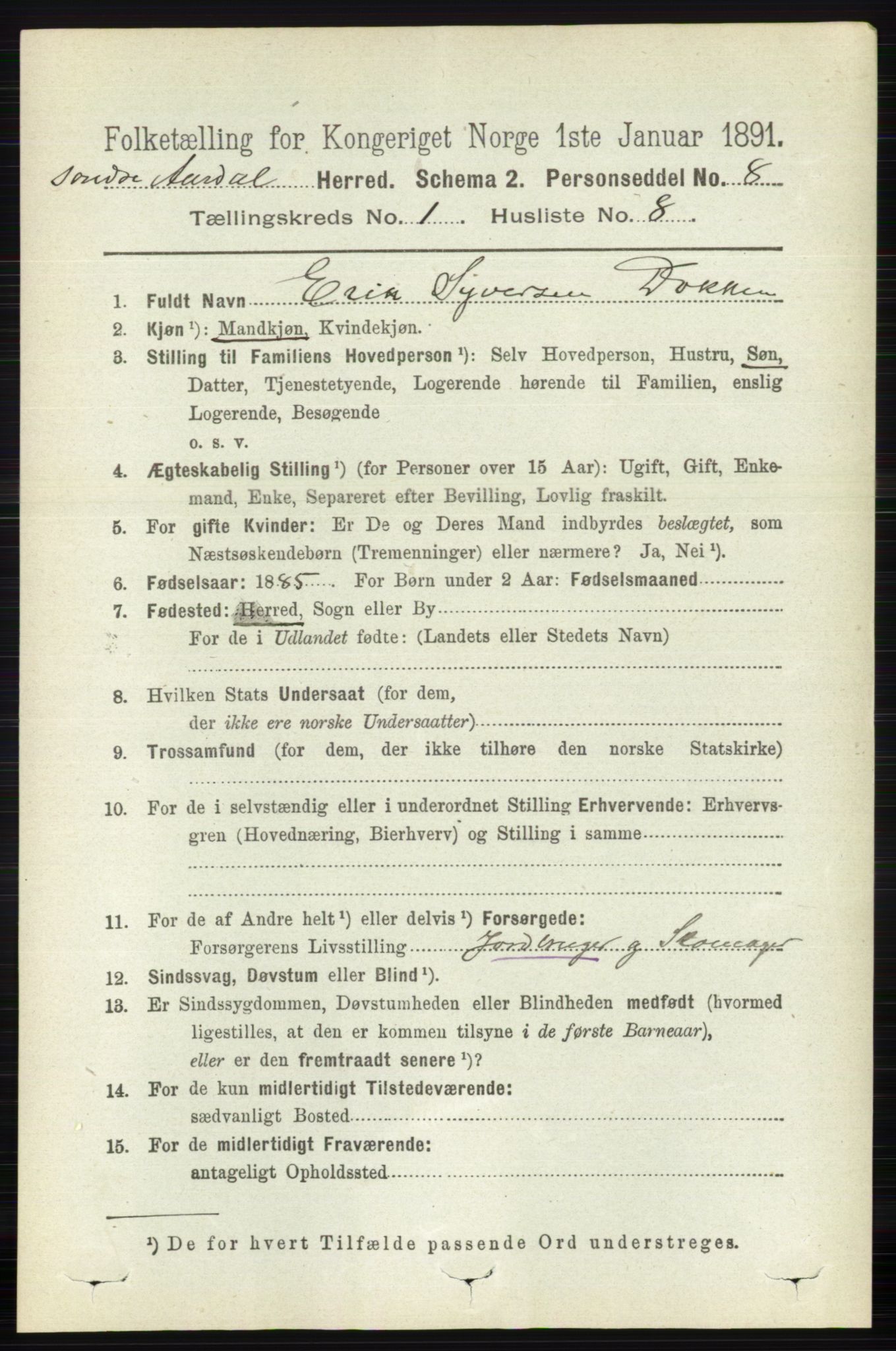 RA, 1891 census for 0540 Sør-Aurdal, 1891, p. 192