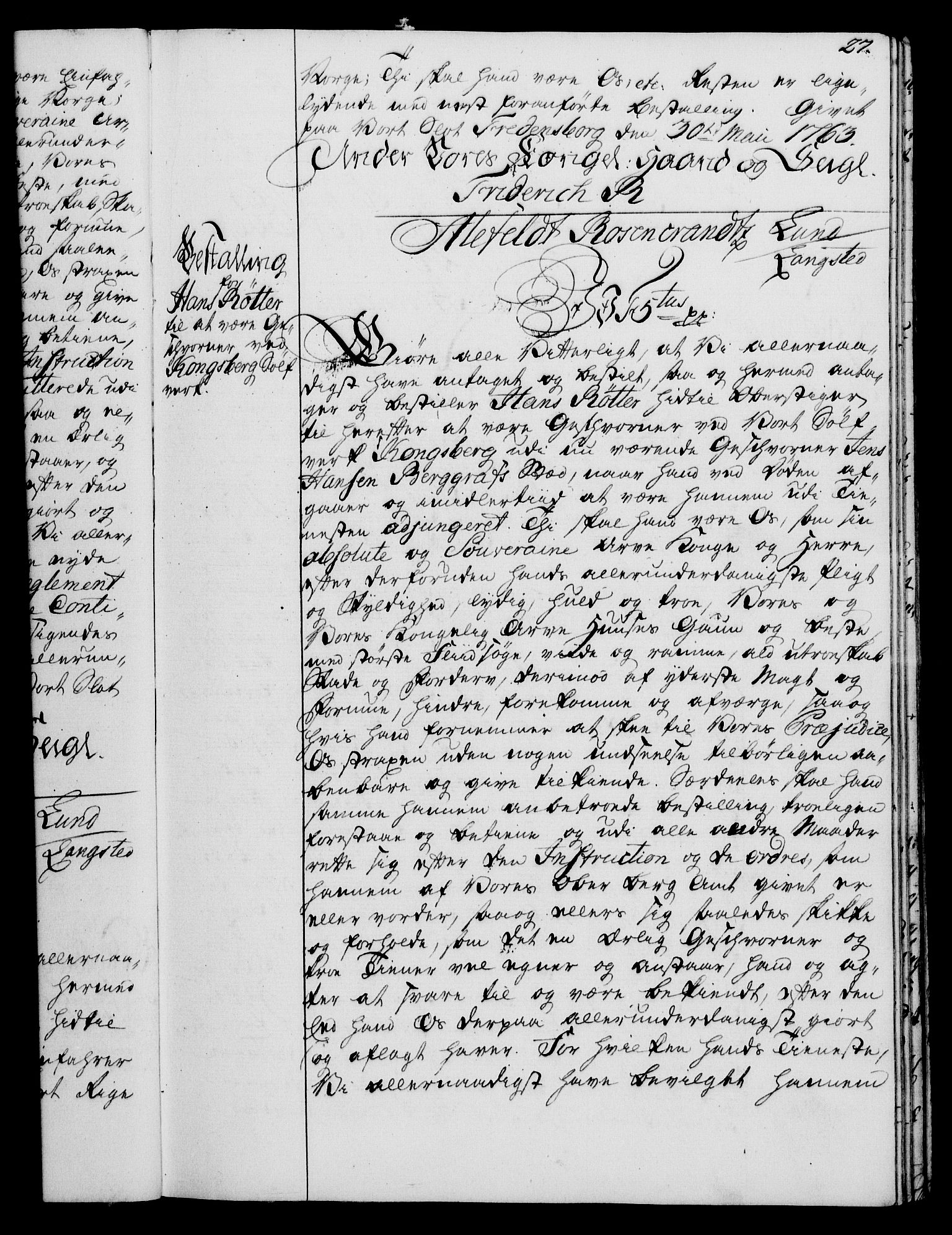 Rentekammeret, Kammerkanselliet, RA/EA-3111/G/Gg/Gge/L0004: Norsk bestallingsprotokoll med register (merket RK 53.28), 1762-1771, p. 27