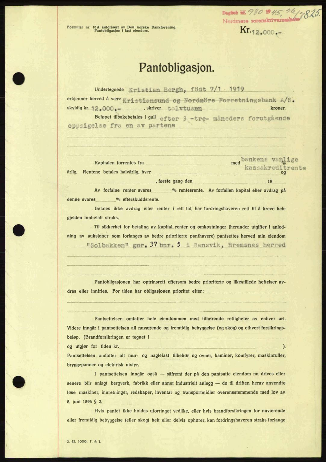 Nordmøre sorenskriveri, AV/SAT-A-4132/1/2/2Ca: Mortgage book no. B92, 1944-1945, Diary no: : 980/1945