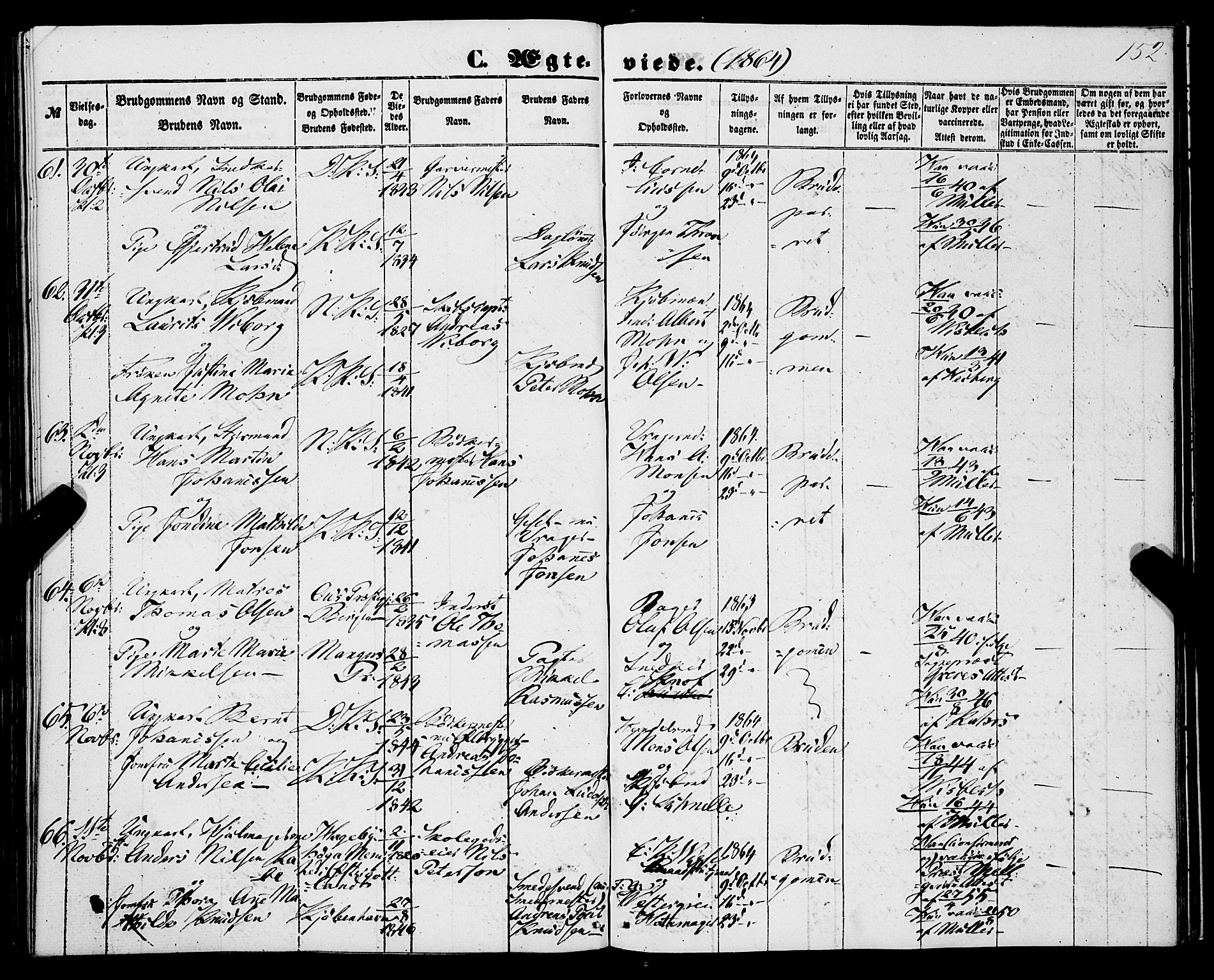 Korskirken sokneprestembete, SAB/A-76101/H/Haa/L0035: Parish register (official) no. D 2, 1852-1867, p. 152