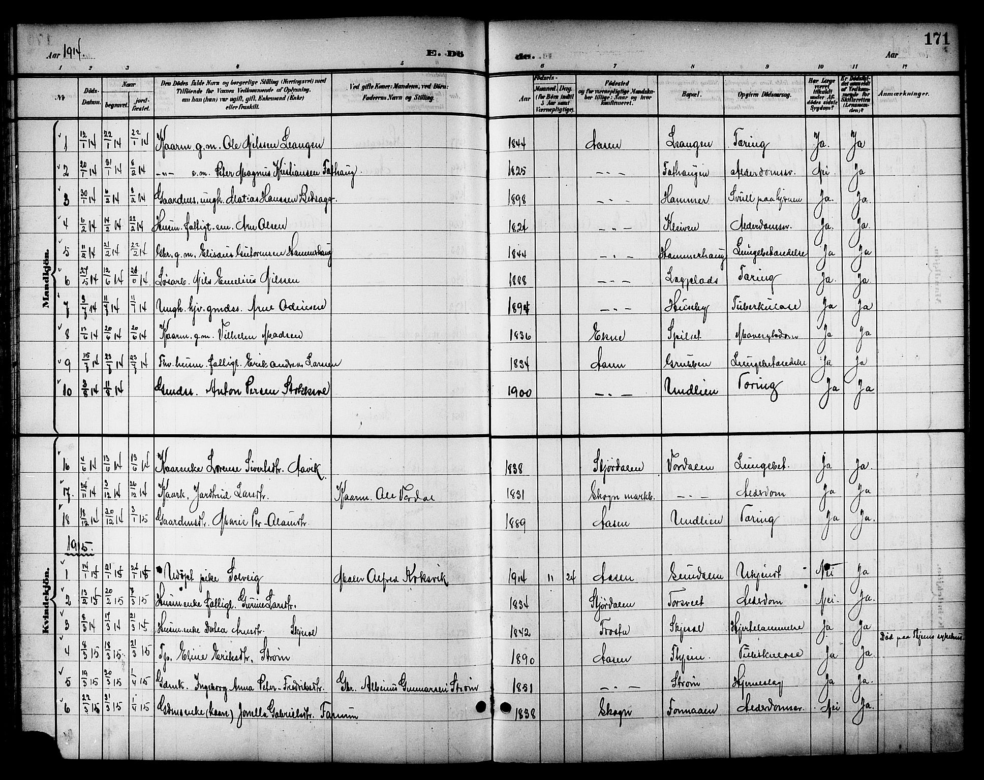 Ministerialprotokoller, klokkerbøker og fødselsregistre - Nord-Trøndelag, SAT/A-1458/714/L0135: Parish register (copy) no. 714C04, 1899-1918, p. 171