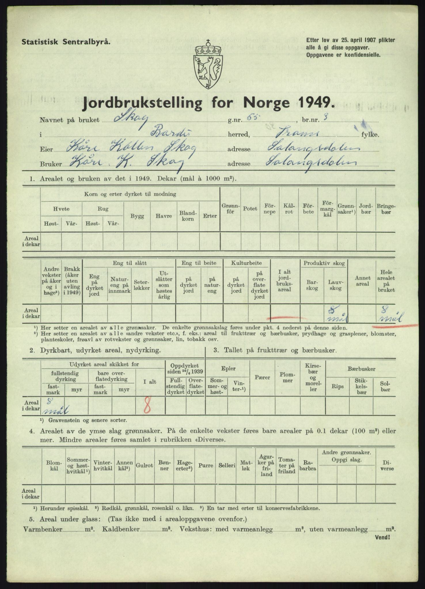 Statistisk sentralbyrå, Næringsøkonomiske emner, Jordbruk, skogbruk, jakt, fiske og fangst, AV/RA-S-2234/G/Gc/L0438: Troms: Salangen og Bardu, 1949, p. 922