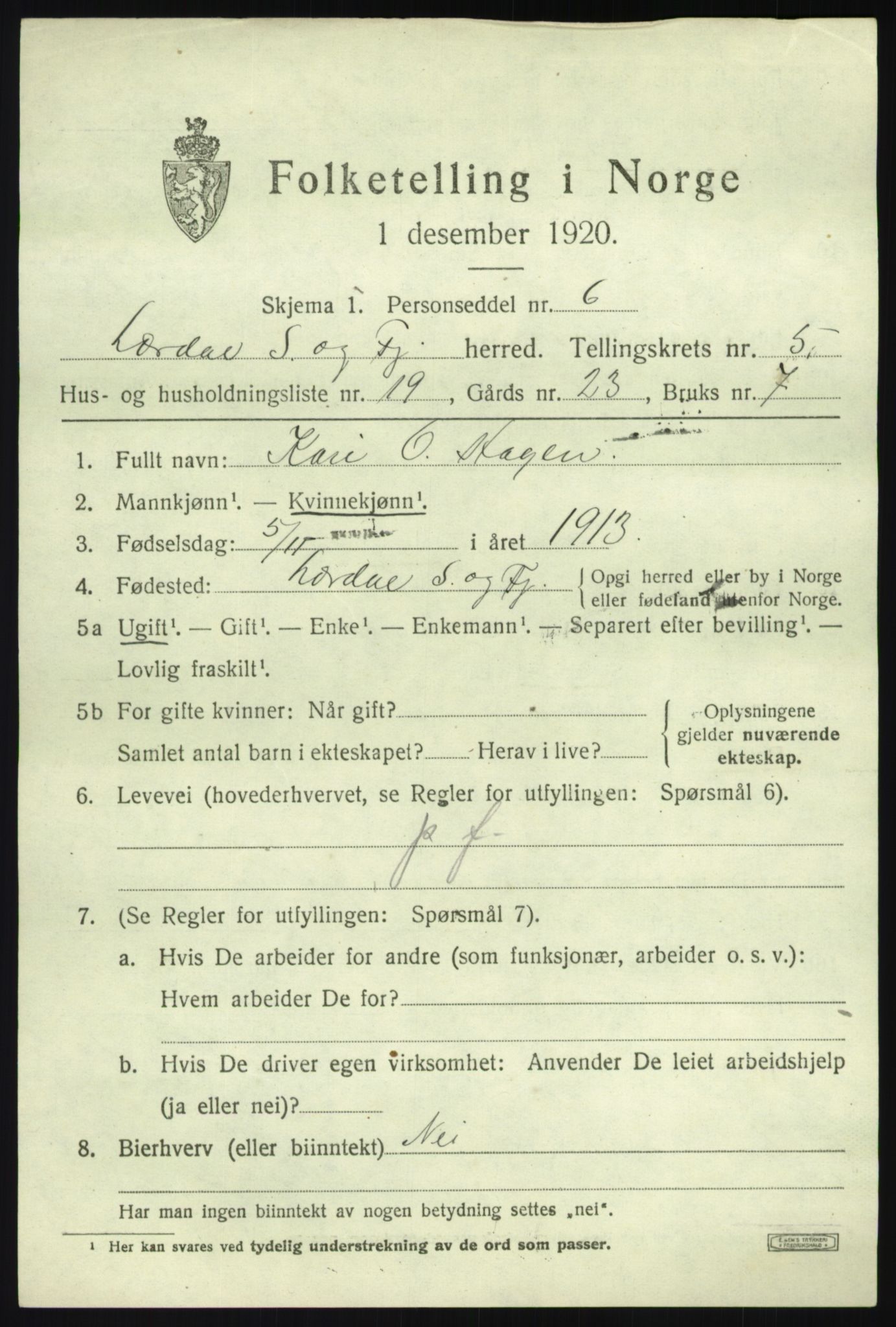 SAB, 1920 census for Lærdal, 1920, p. 2678