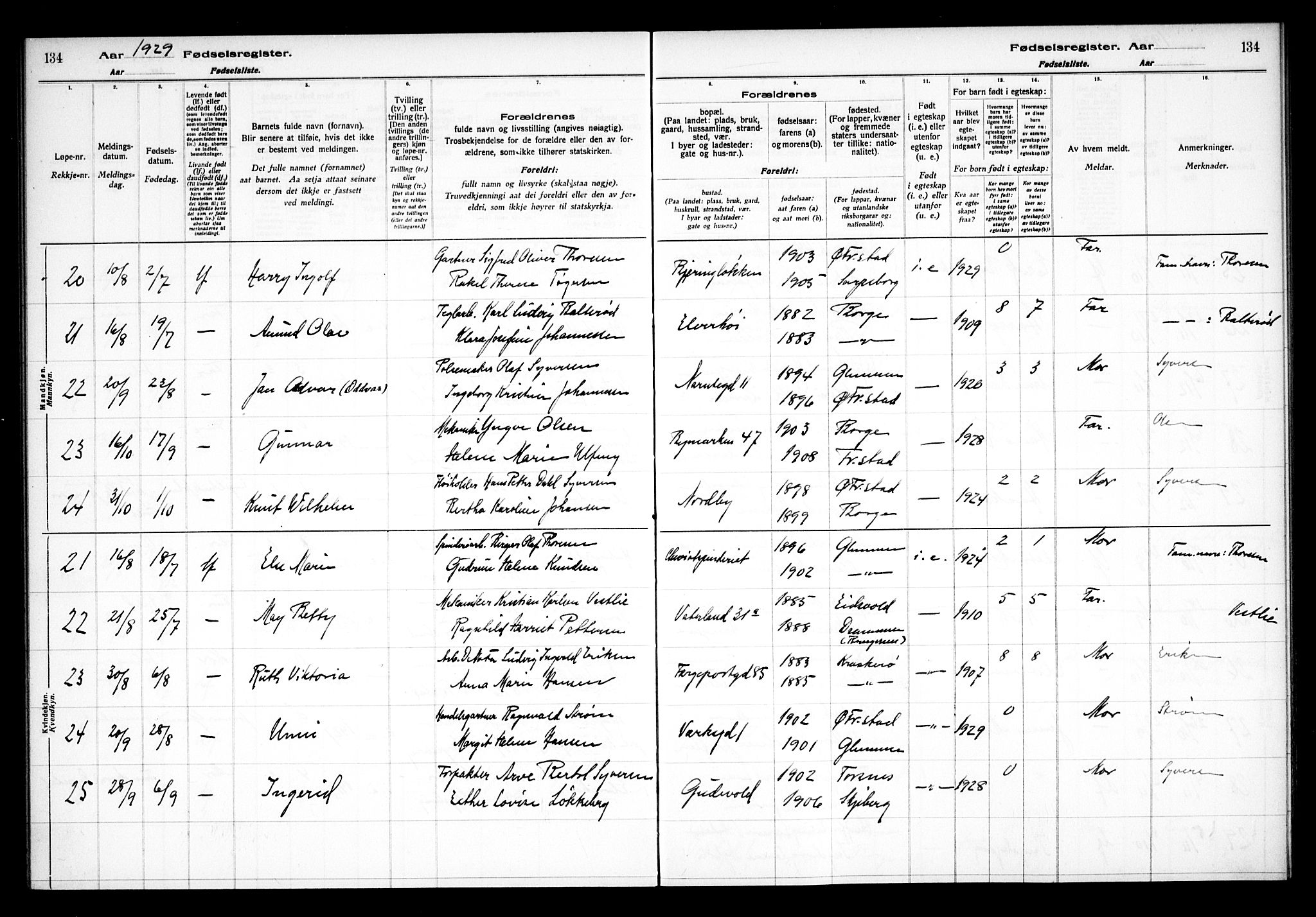 Østre Fredrikstad prestekontor Kirkebøker, AV/SAO-A-10907/J/Ja/L0001: Birth register no. 1, 1916-1936, p. 134
